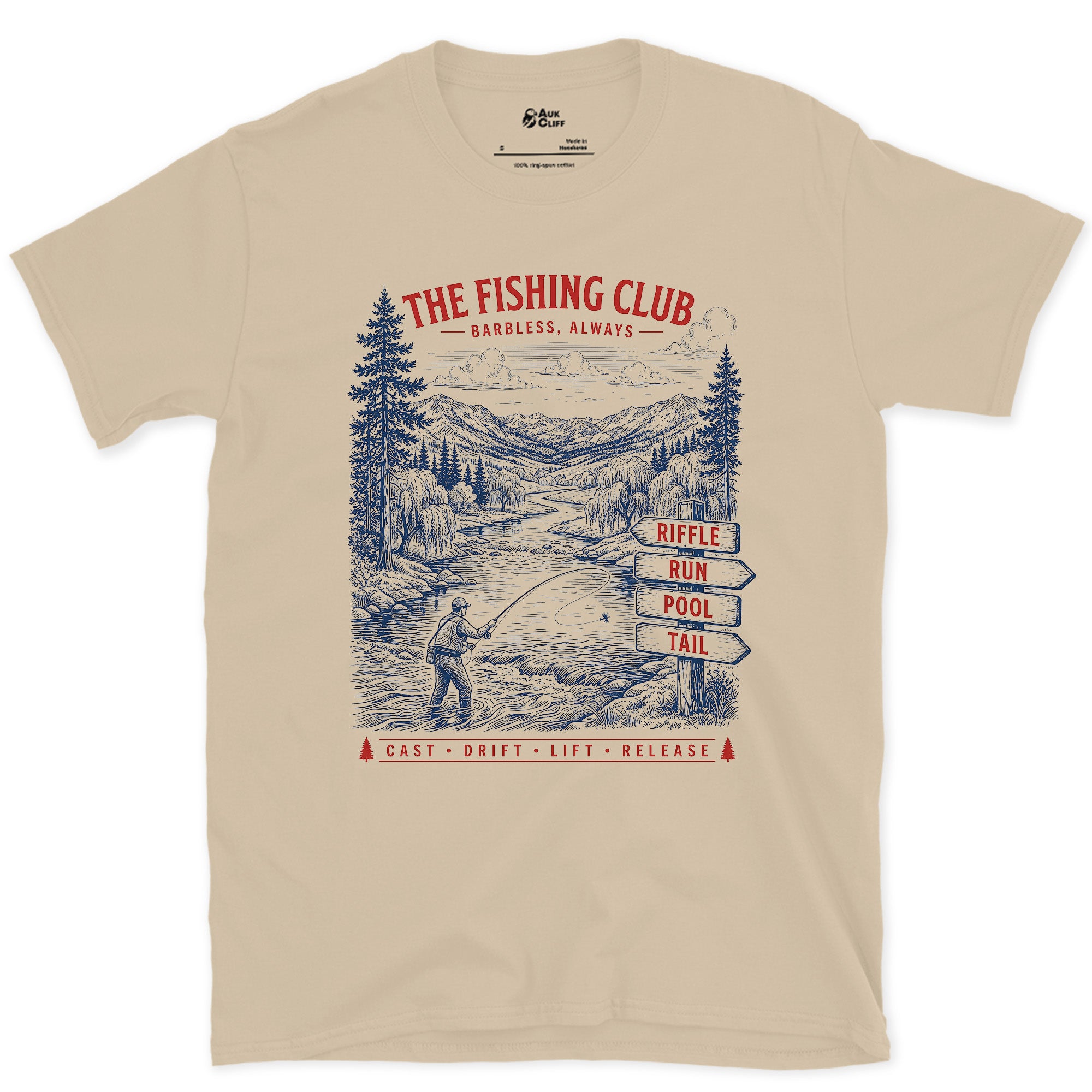 The Fishing Club, Angler in the Valley design on a Sand Gildan Softstyle t-shirt