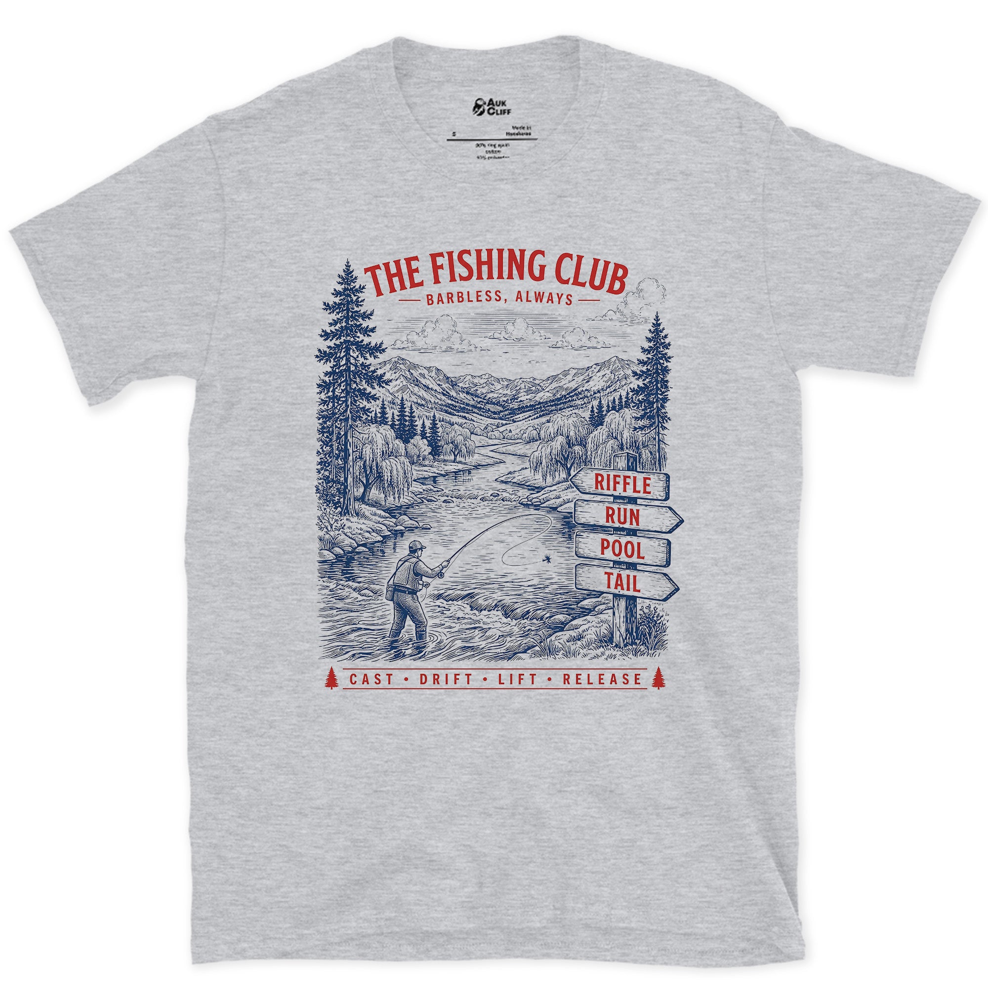 The Fishing Club, Angler in the Valley design on a Sport Grey Gildan Softstyle t-shirt