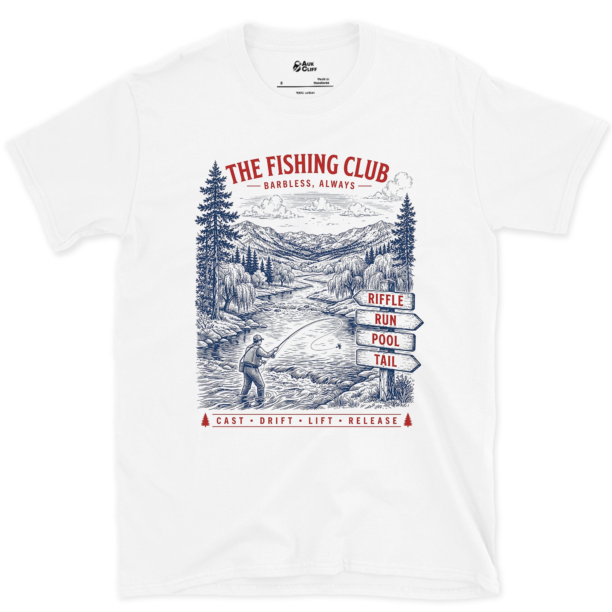 The Fishing Club, Angler in the Valley design on a White Gildan Softstyle t-shirt