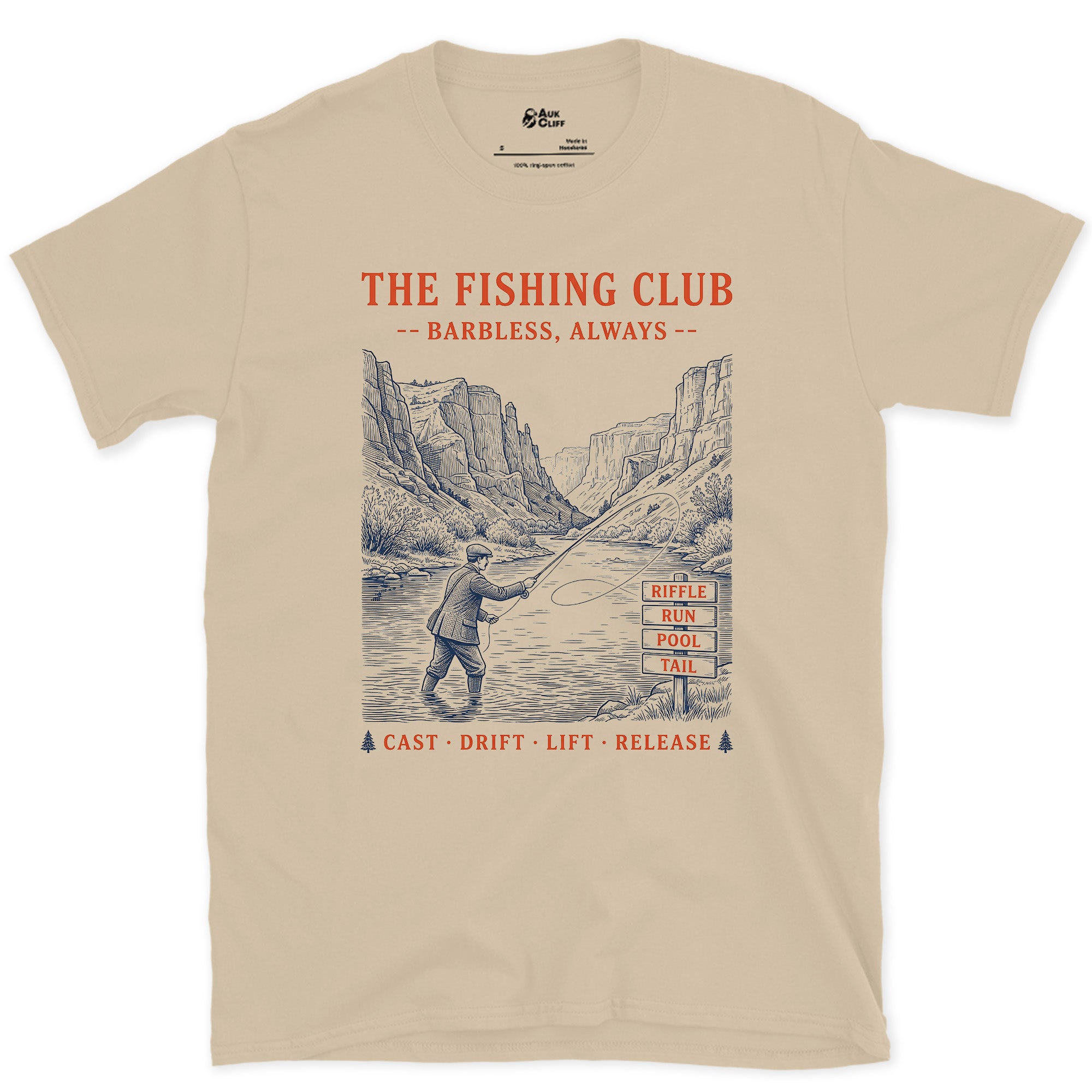 Barbless Always, River Club Terms design on a Sand Gildan Softstyle t-shirt