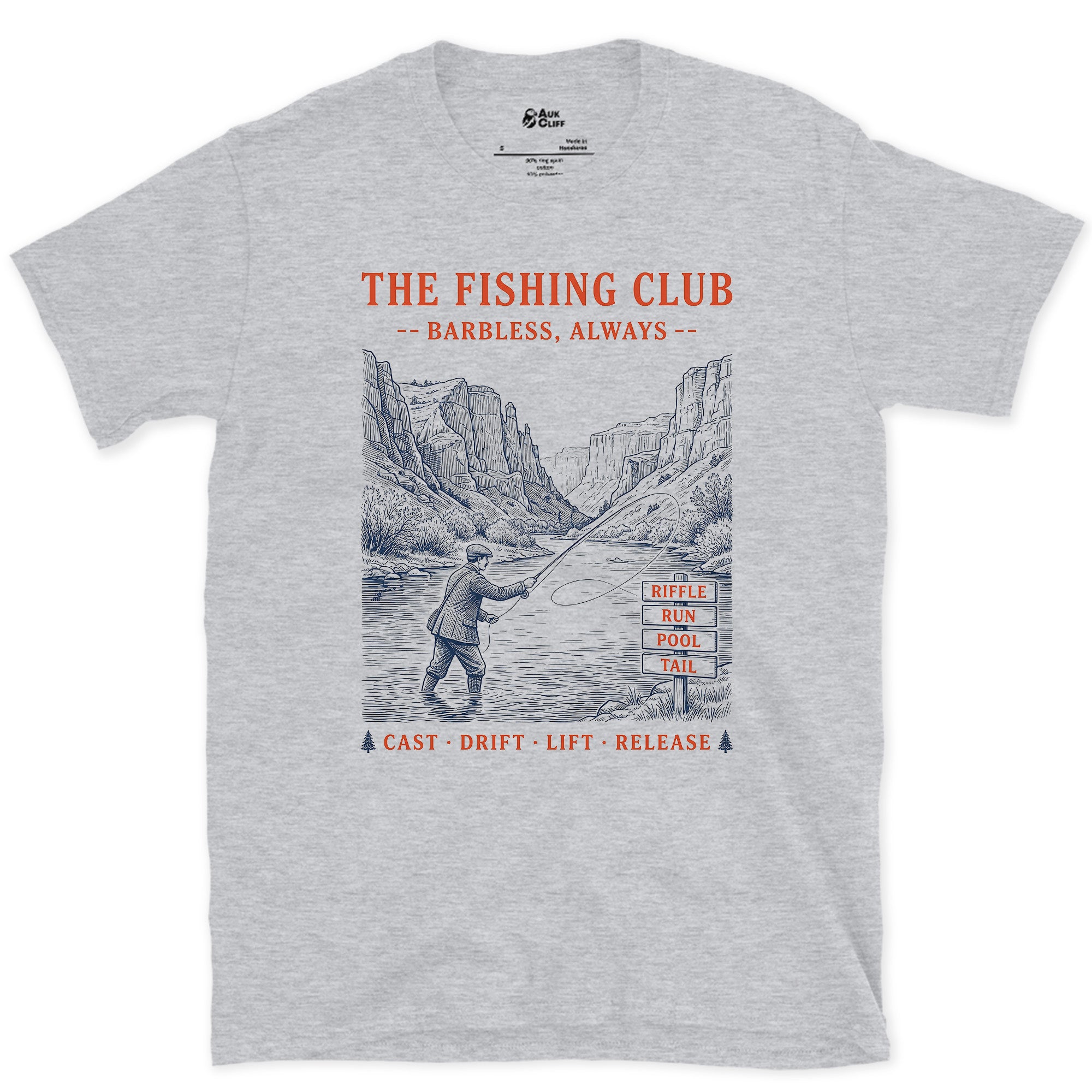 Barbless Always, River Club Terms design on a Sport Grey Gildan Softstyle t-shirt