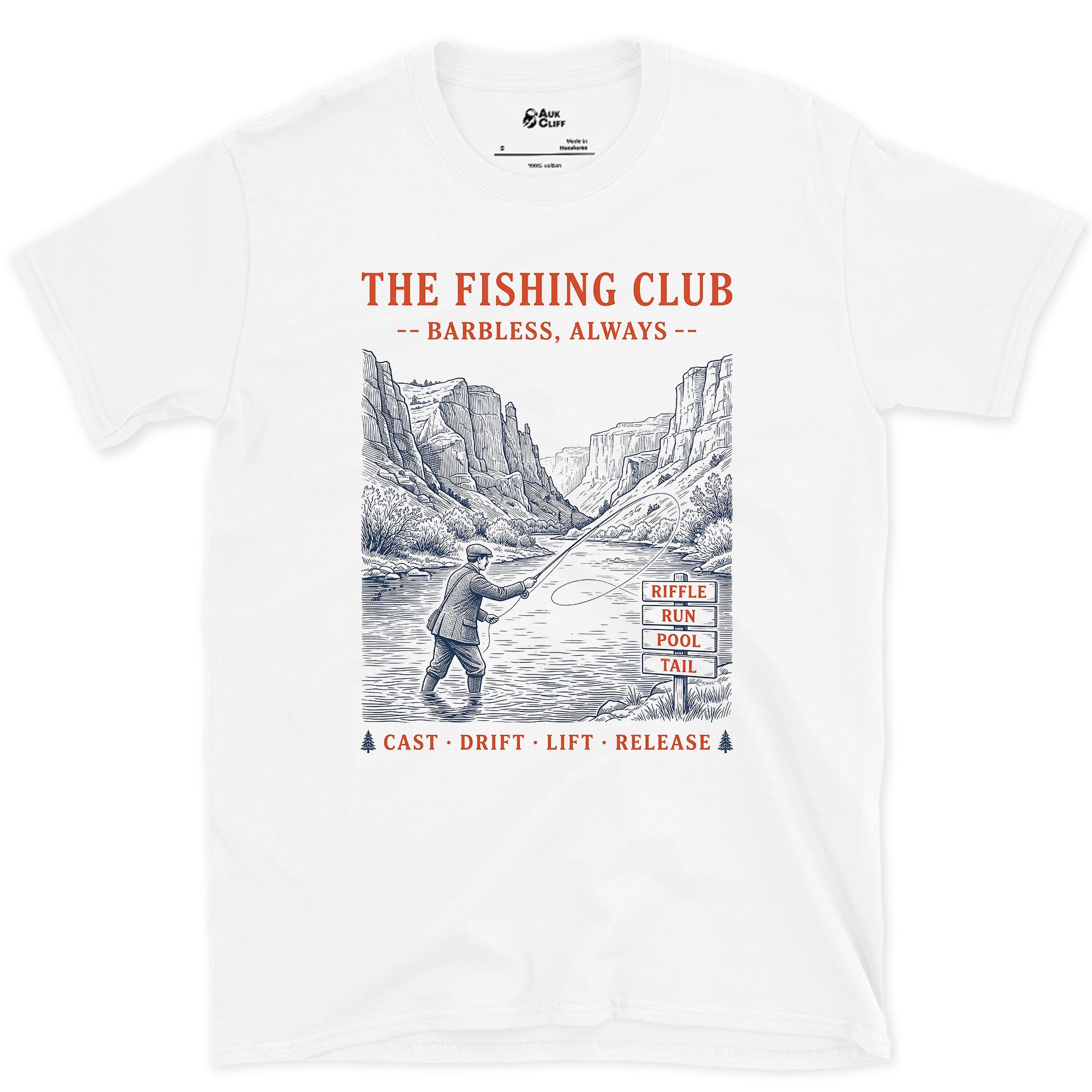 Barbless Always, River Club Terms design on a White Gildan Softstyle t-shirt