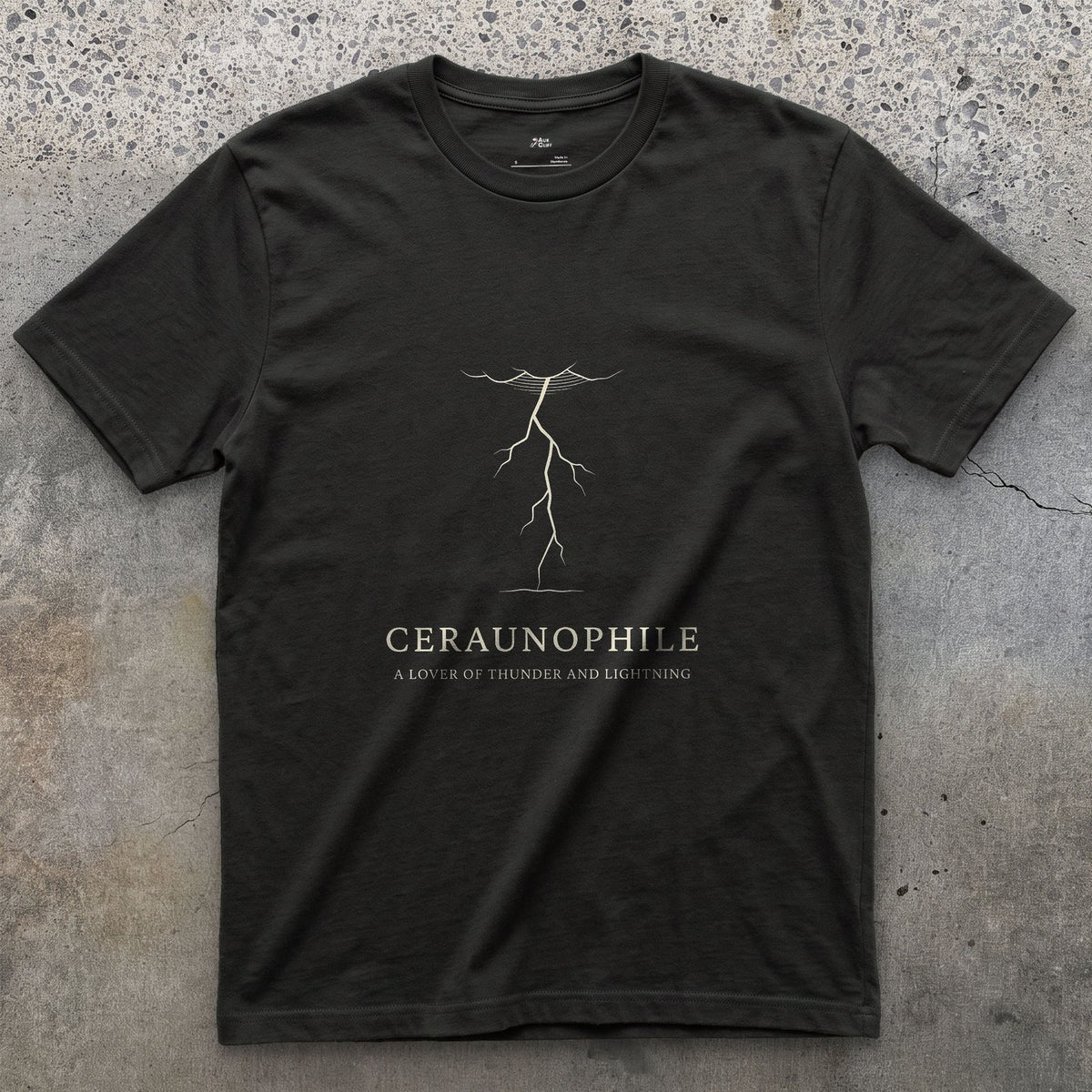 Ceraunophile, a Lover of Thunder and Lightning design on a Black Gildan Softstyle t-shirt