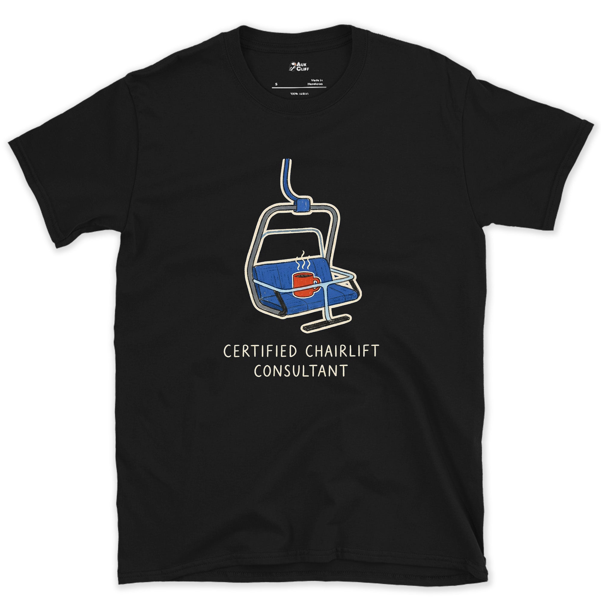Certified Chairlift Consultant design on a Black Gildan Softstyle t-shirt