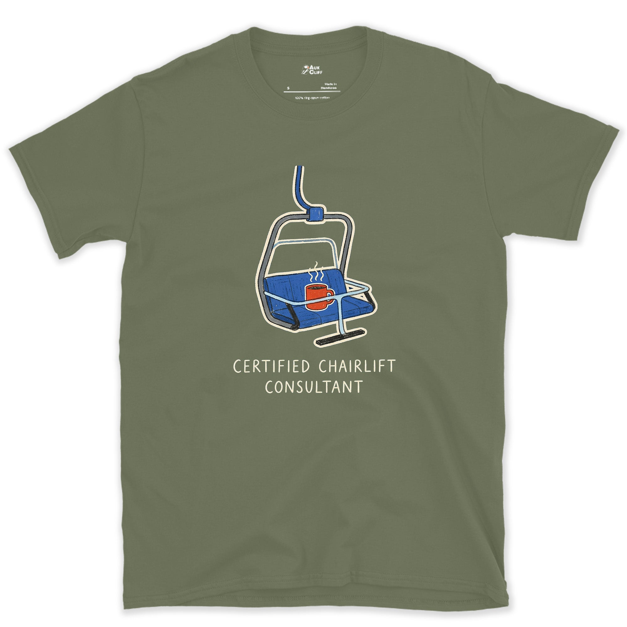Certified Chairlift Consultant design on a Military Green Gildan Softstyle t-shirt