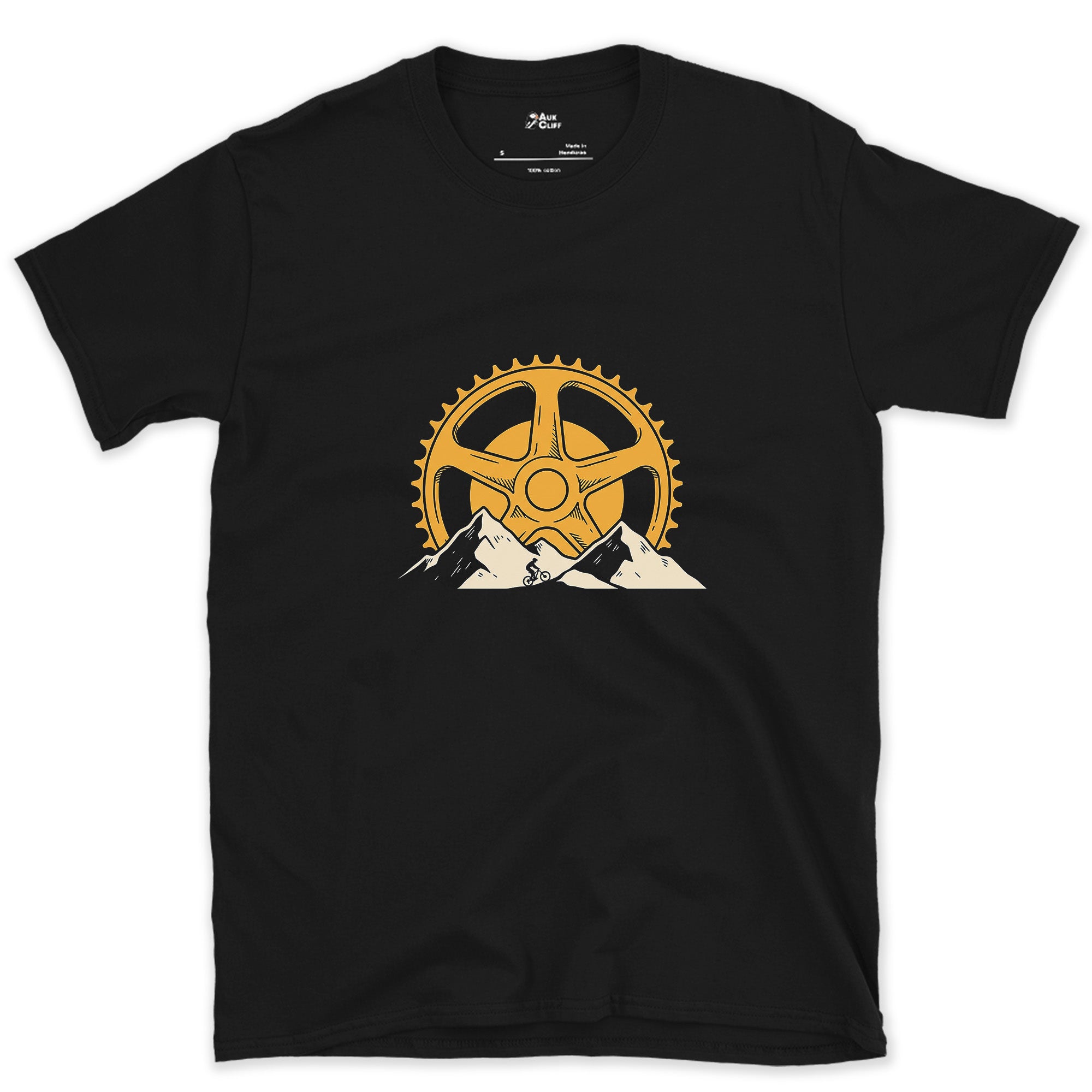 Chainring Teeth Doubling as Sunbeams design on a Black Gildan Softstyle t-shirt