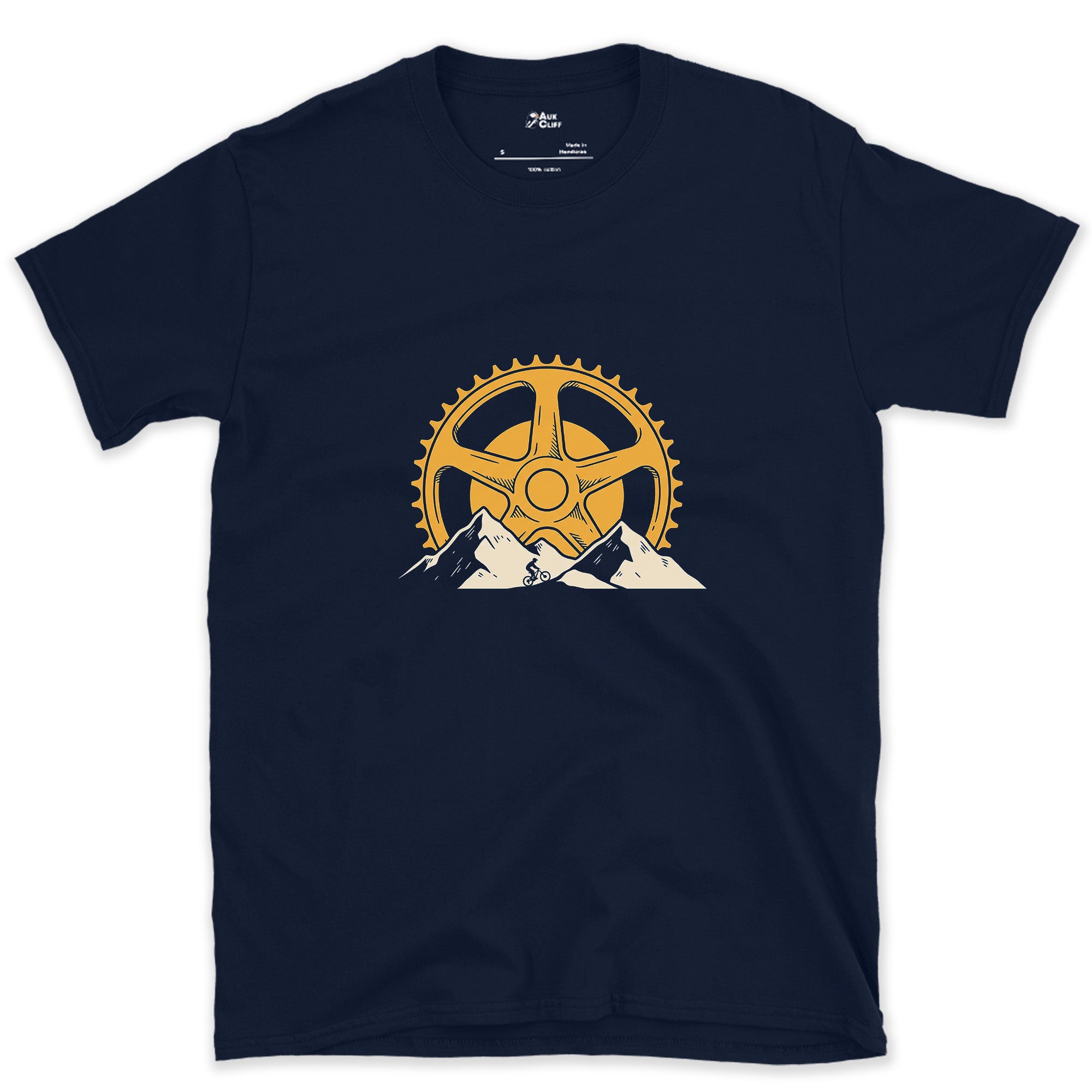 Chainring Teeth Doubling as Sunbeams design on a Navy Gildan Softstyle t-shirt