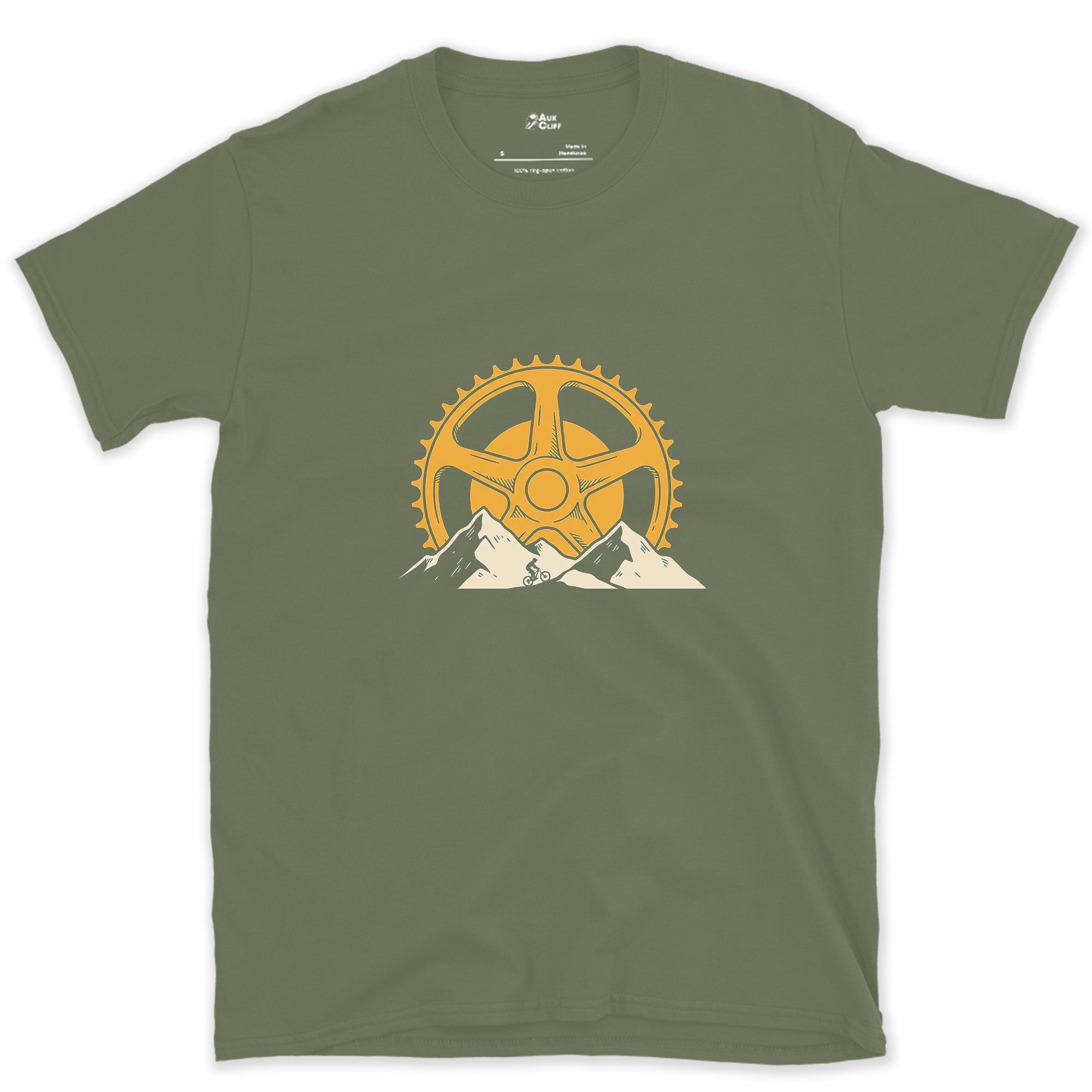 Chainring Teeth Doubling as Sunbeams design on a Military Green Gildan Softstyle t-shirt