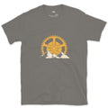 Chainring Teeth Doubling as Sunbeams design on a Charcoal Gildan Softstyle t-shirt