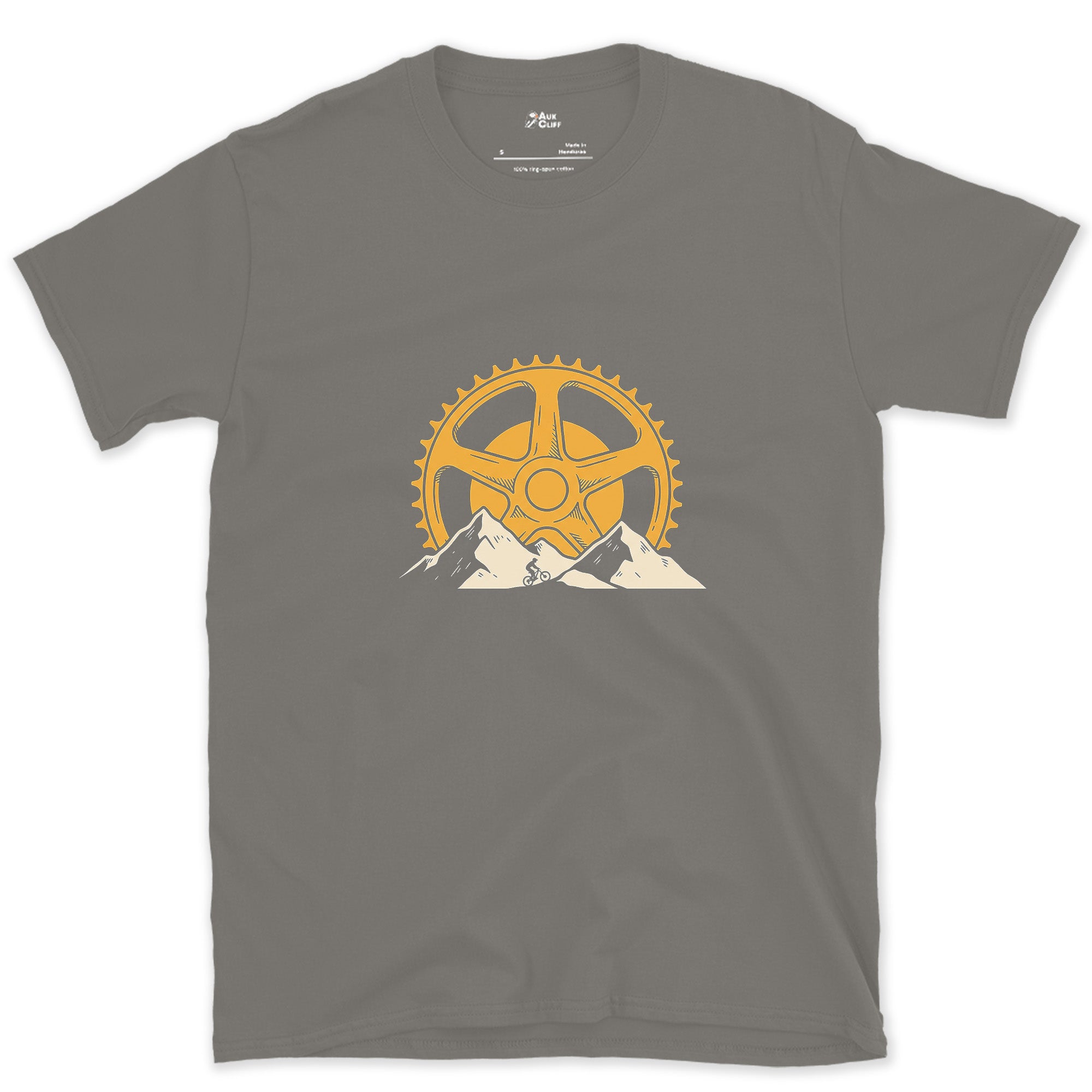 Chainring Teeth Doubling as Sunbeams design on a Charcoal Gildan Softstyle t-shirt