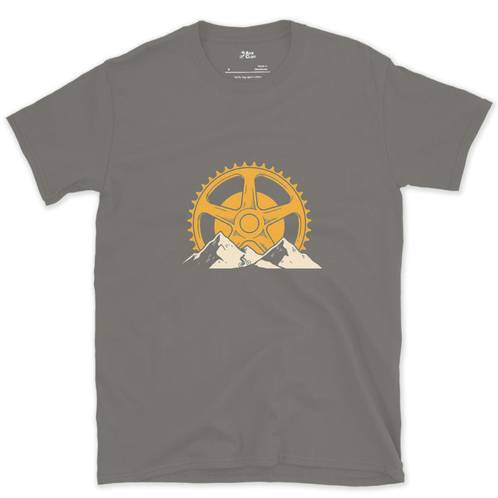 Chainring Teeth Doubling as Sunbeams design on a Charcoal Gildan Softstyle t-shirt
