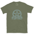Dwarfed by Contour Lines, Chainring Sunrise design on a Military Green Gildan Softstyle t-shirt