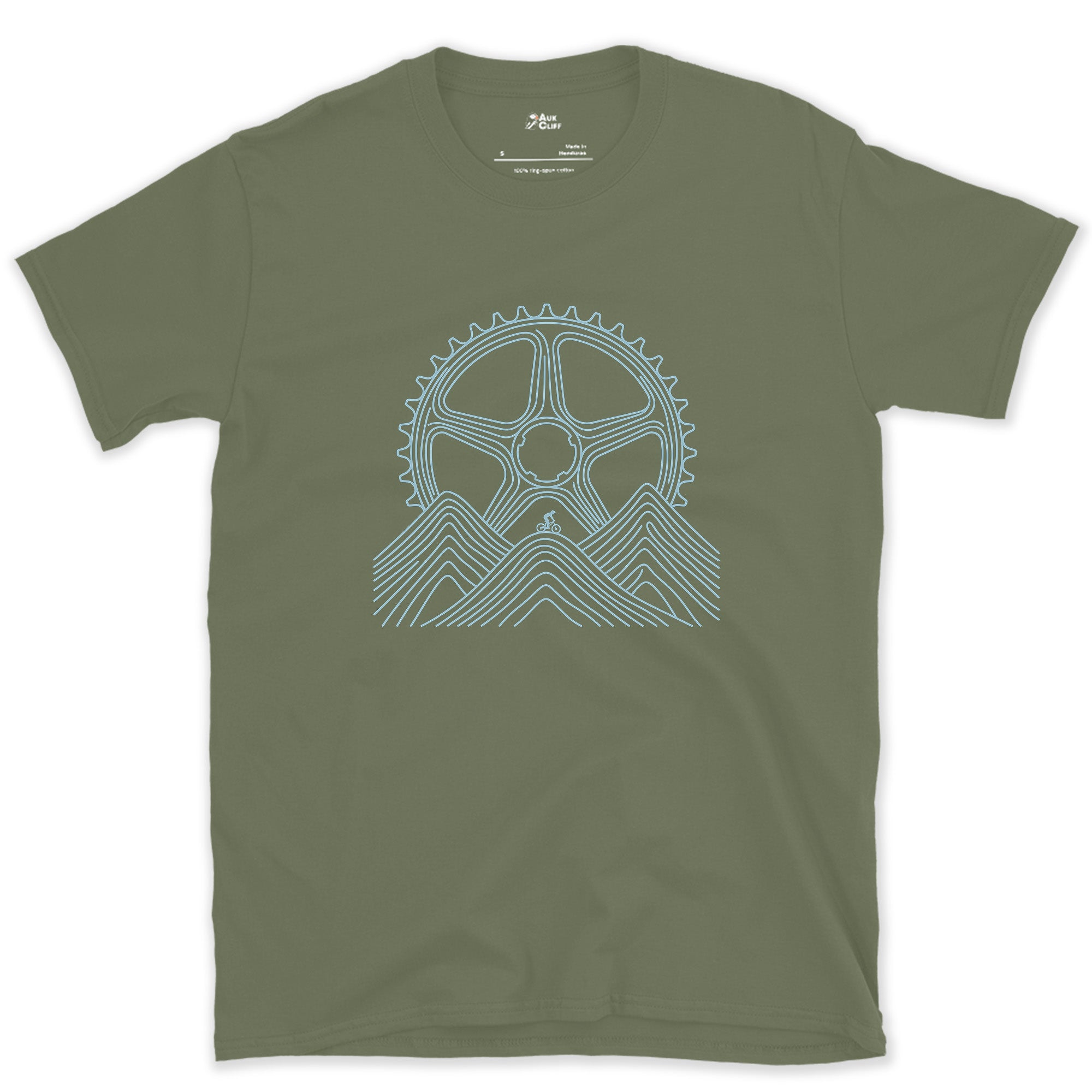 Dwarfed by Contour Lines, Chainring Sunrise design on a Military Green Gildan Softstyle t-shirt