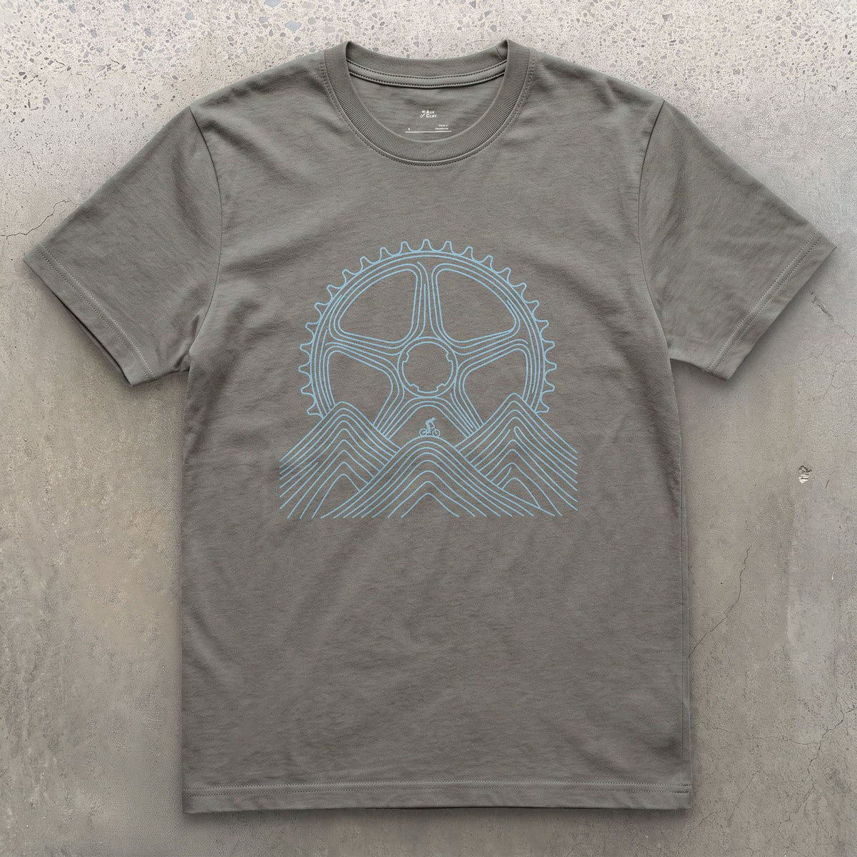 Dwarfed by Contour Lines, Chainring Sunrise design on a Charcoal Gildan Softstyle t-shirt