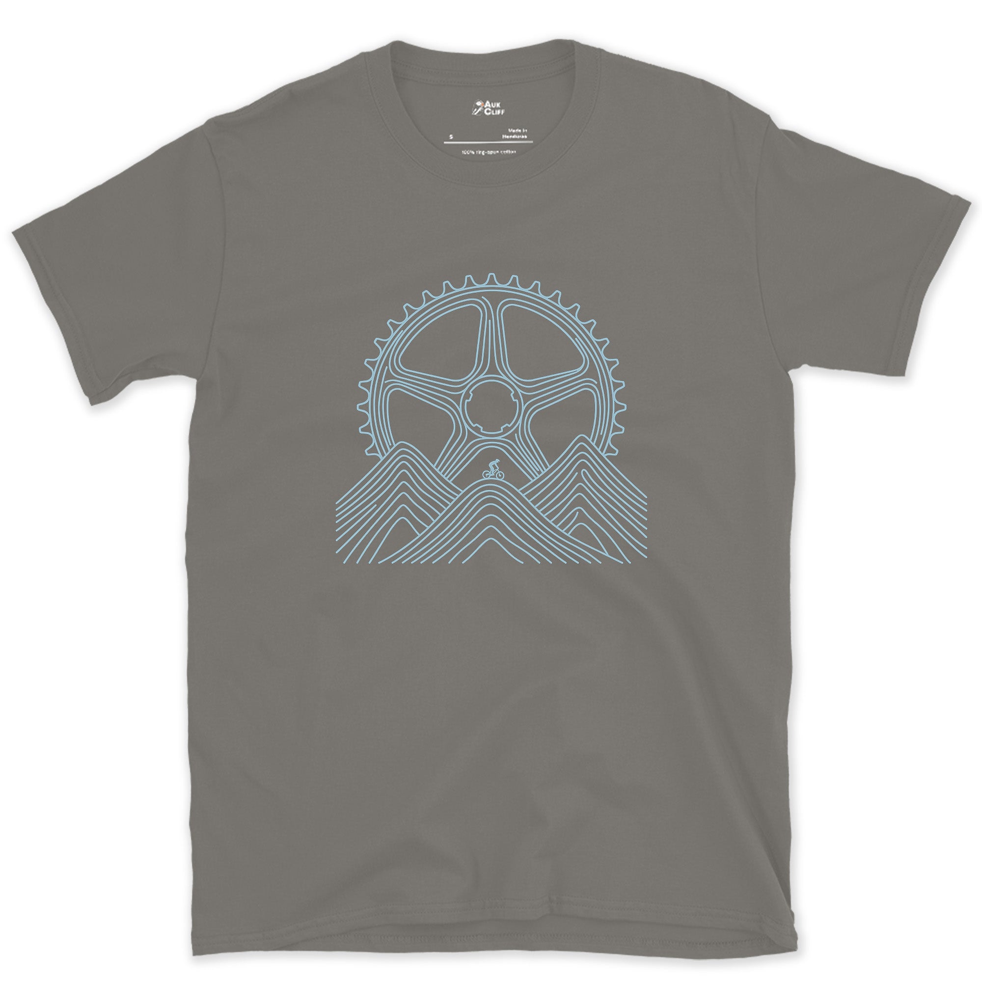Dwarfed by Contour Lines, Chainring Sunrise design on a Charcoal Gildan Softstyle t-shirt
