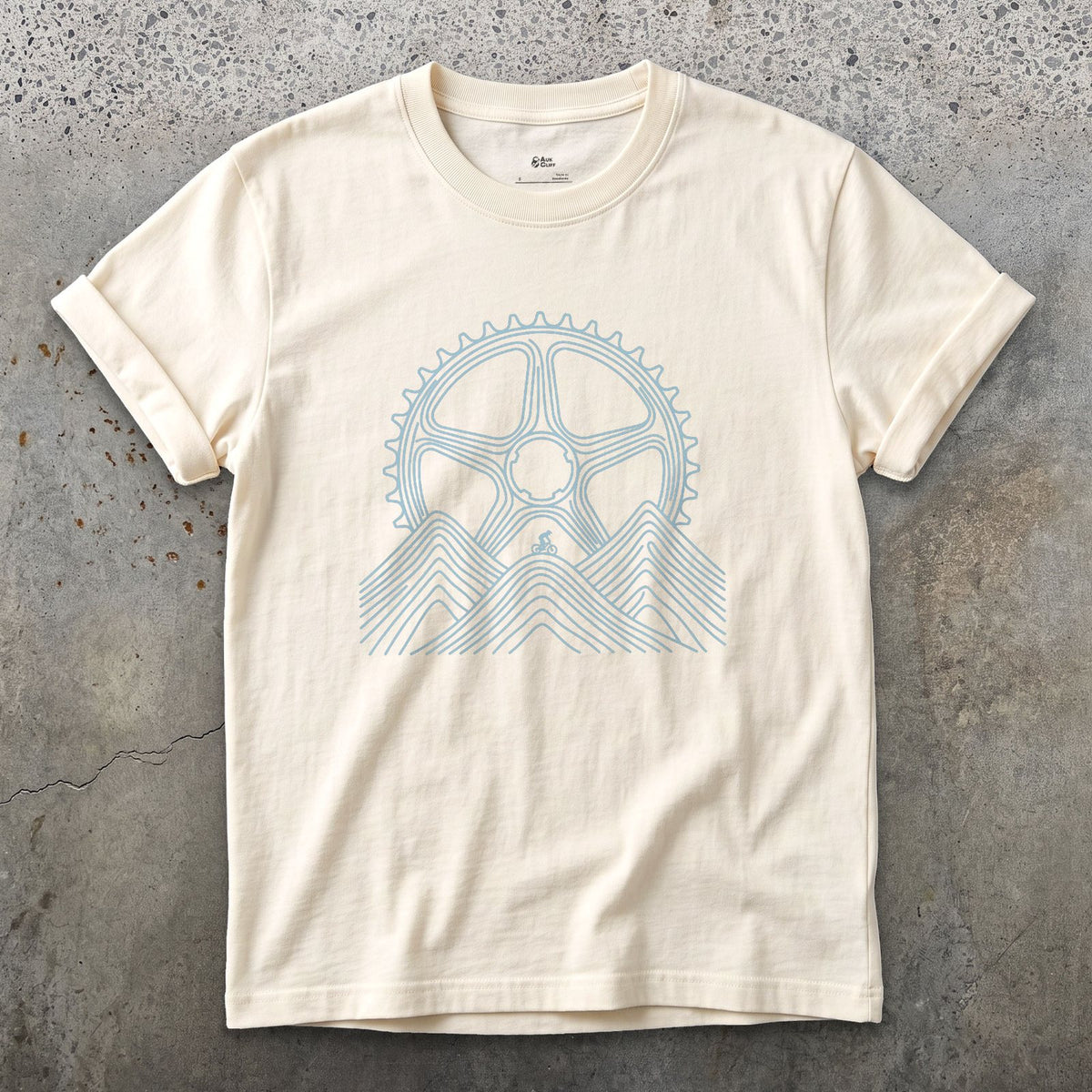 Dwarfed by Contour Lines, Chainring Sunrise design on a Natural Gildan Softstyle t-shirt