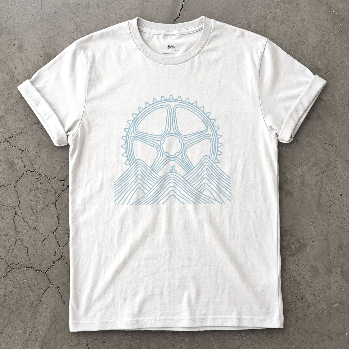 Dwarfed by Contour Lines, Chainring Sunrise design on a White Gildan Softstyle t-shirt