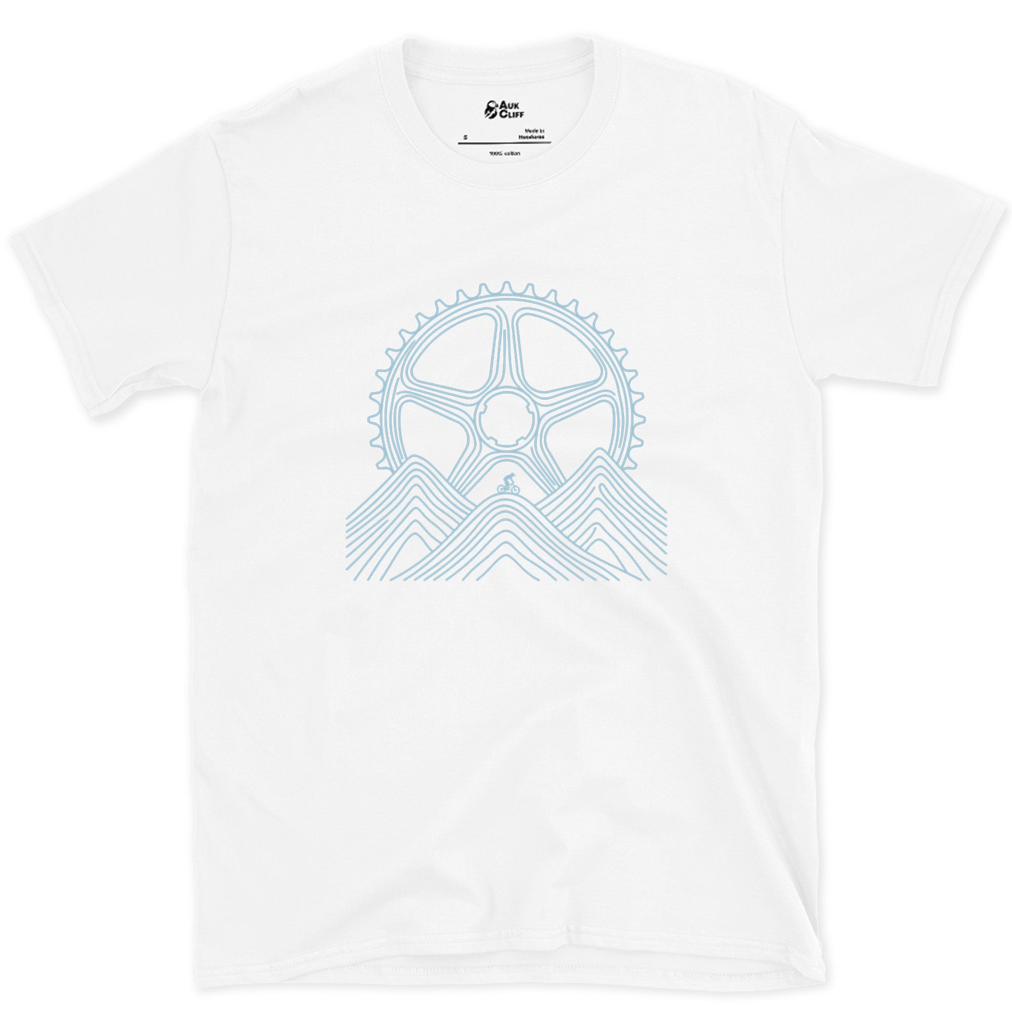 Dwarfed by Contour Lines, Chainring Sunrise design on a White Gildan Softstyle t-shirt