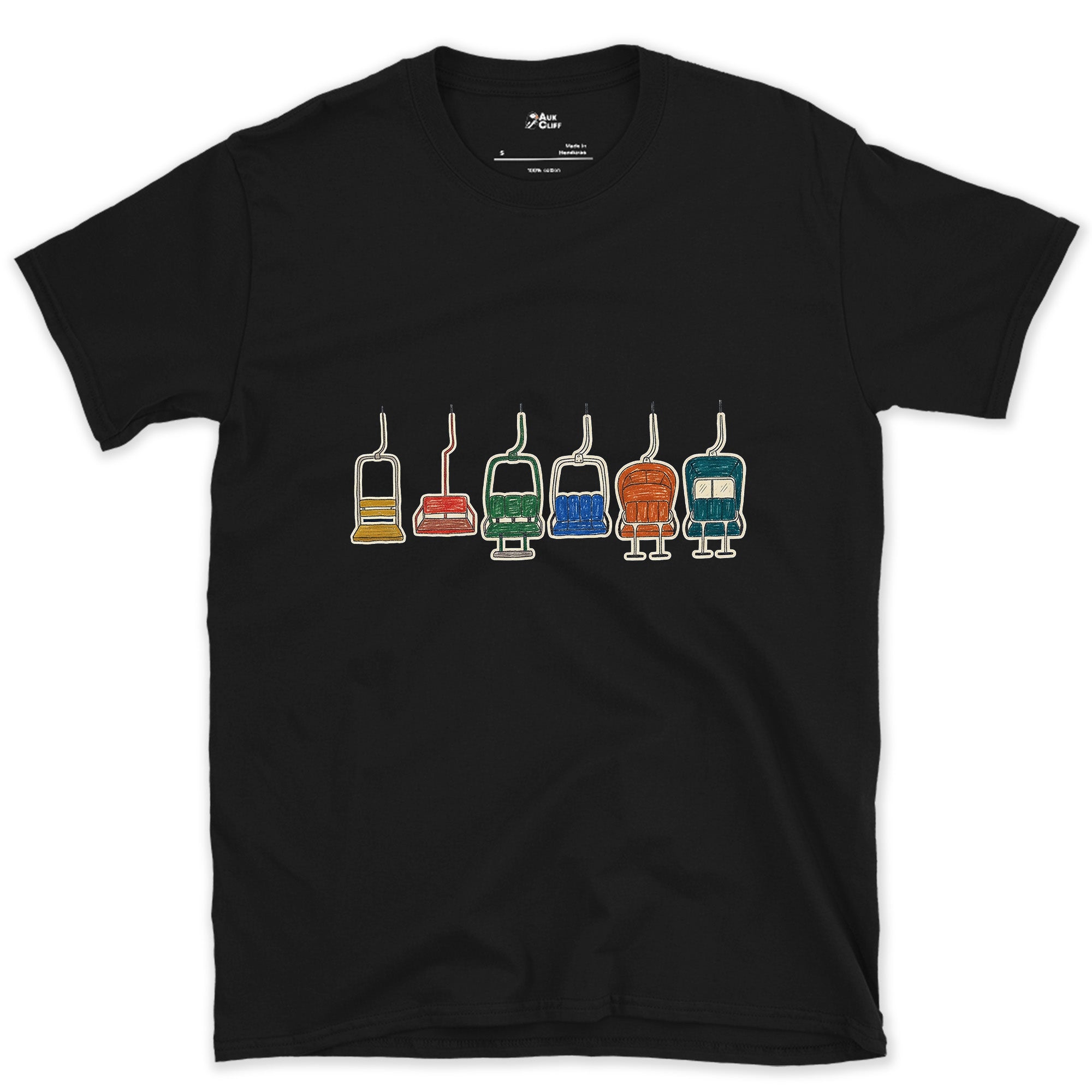 Empty and Still Swinging, Chairlift Row design on a Black Gildan Softstyle t-shirt