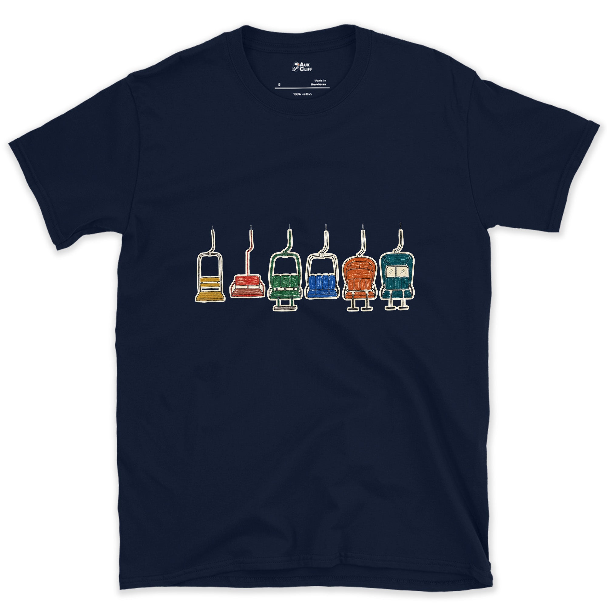 Empty and Still Swinging, Chairlift Row design on a Navy Gildan Softstyle t-shirt