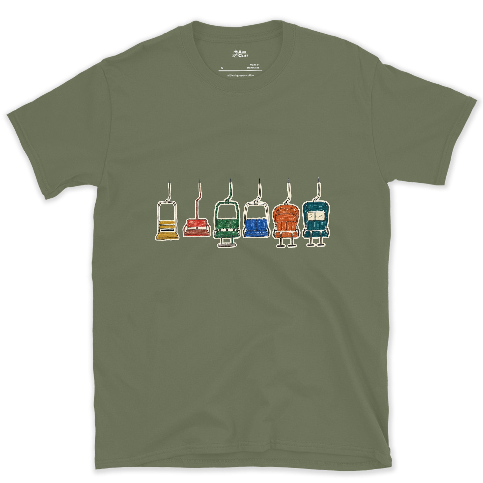 Empty and Still Swinging, Chairlift Row design on a Military Green Gildan Softstyle t-shirt
