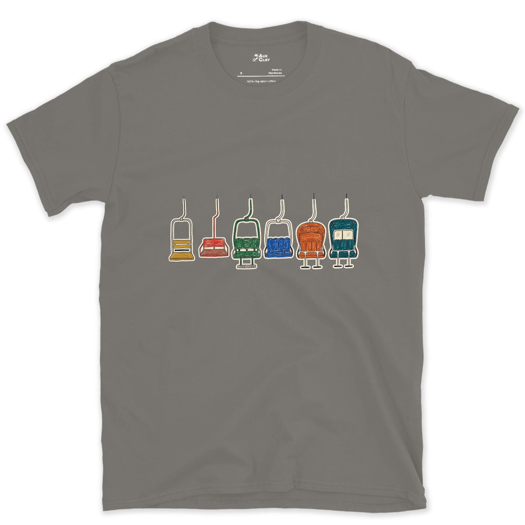 Empty and Still Swinging, Chairlift Row design on a Charcoal Gildan Softstyle t-shirt