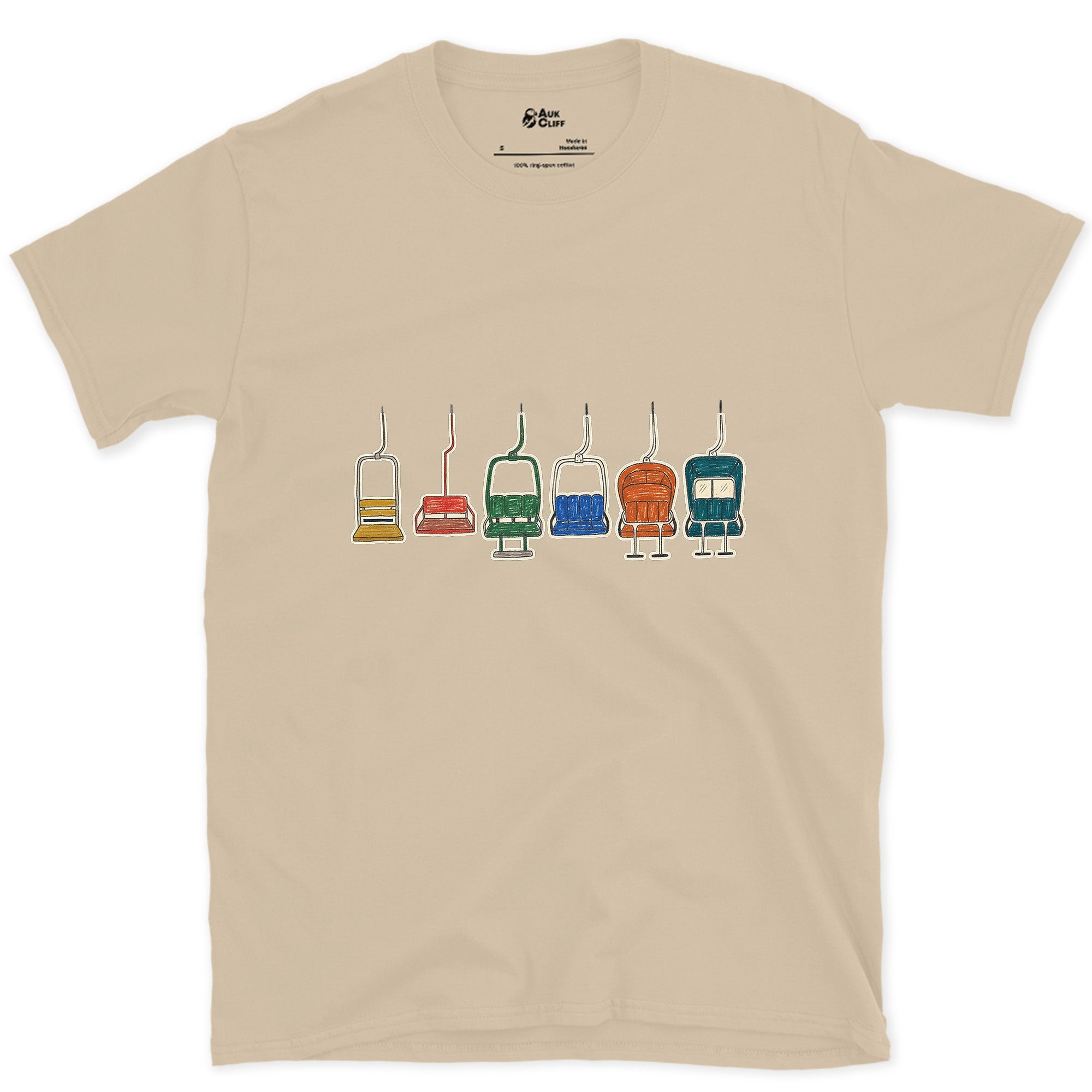 Empty and Still Swinging, Chairlift Row design on a Sand Gildan Softstyle t-shirt