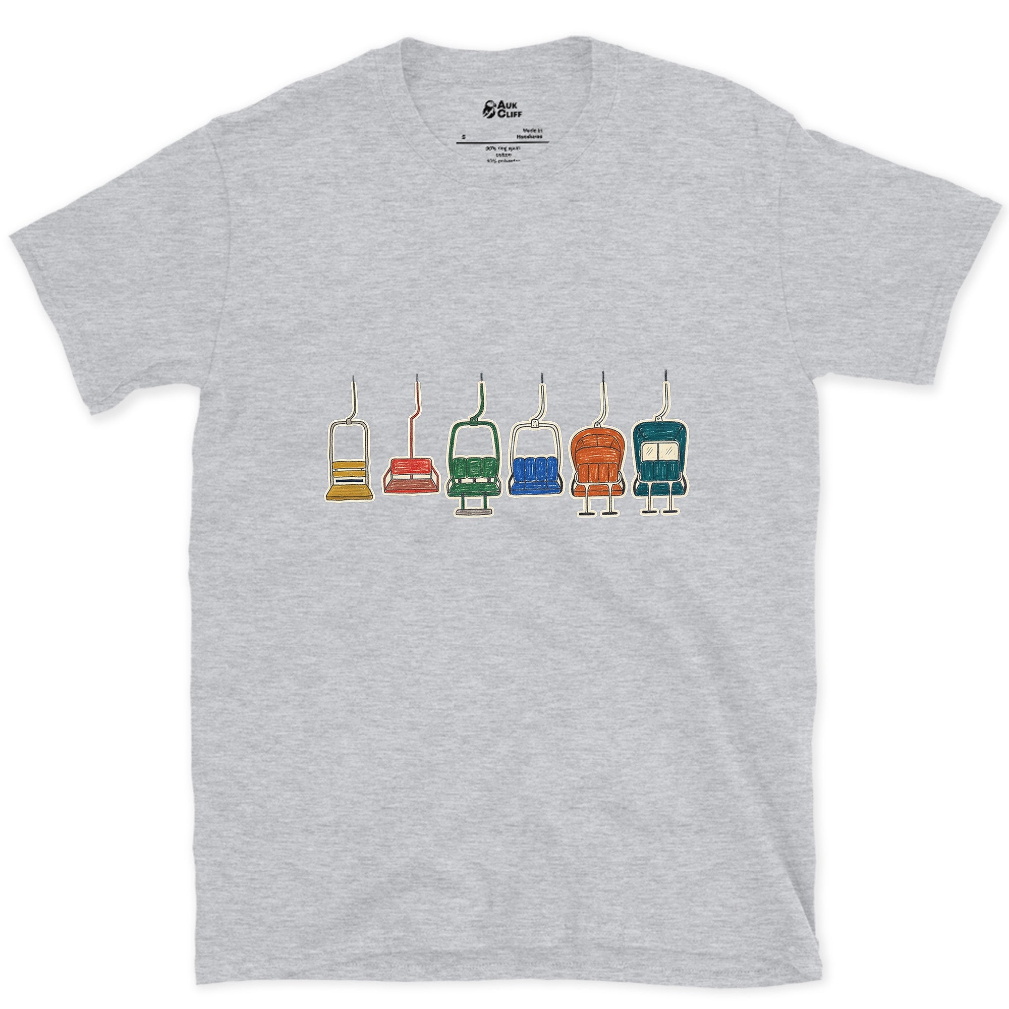 Empty and Still Swinging, Chairlift Row design on a Sport Grey Gildan Softstyle t-shirt