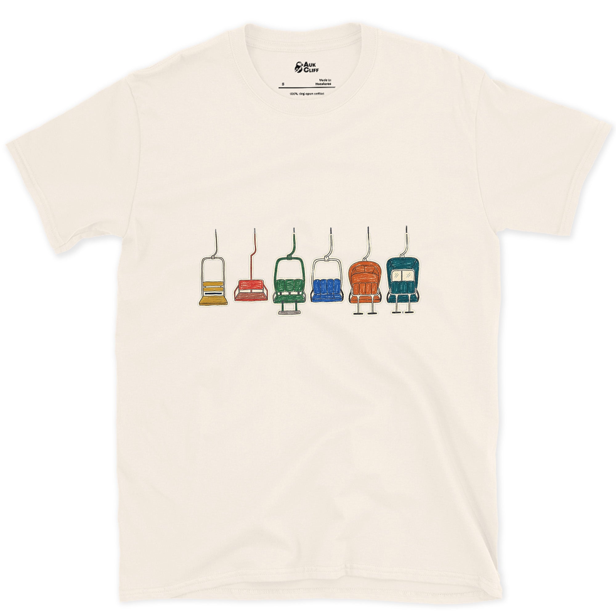 Empty and Still Swinging, Chairlift Row design on a Natural Gildan Softstyle t-shirt