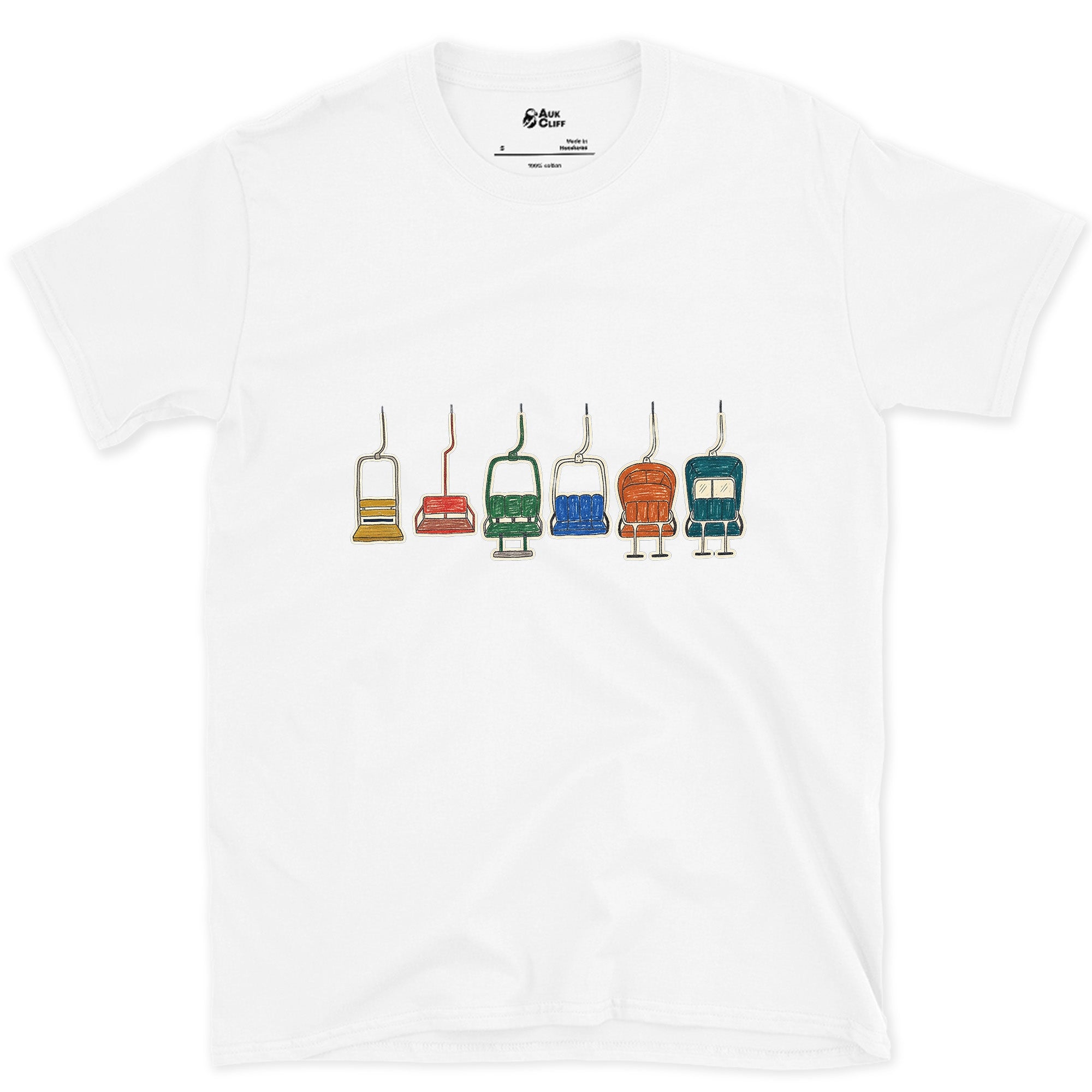 Empty and Still Swinging, Chairlift Row design on a White Gildan Softstyle t-shirt