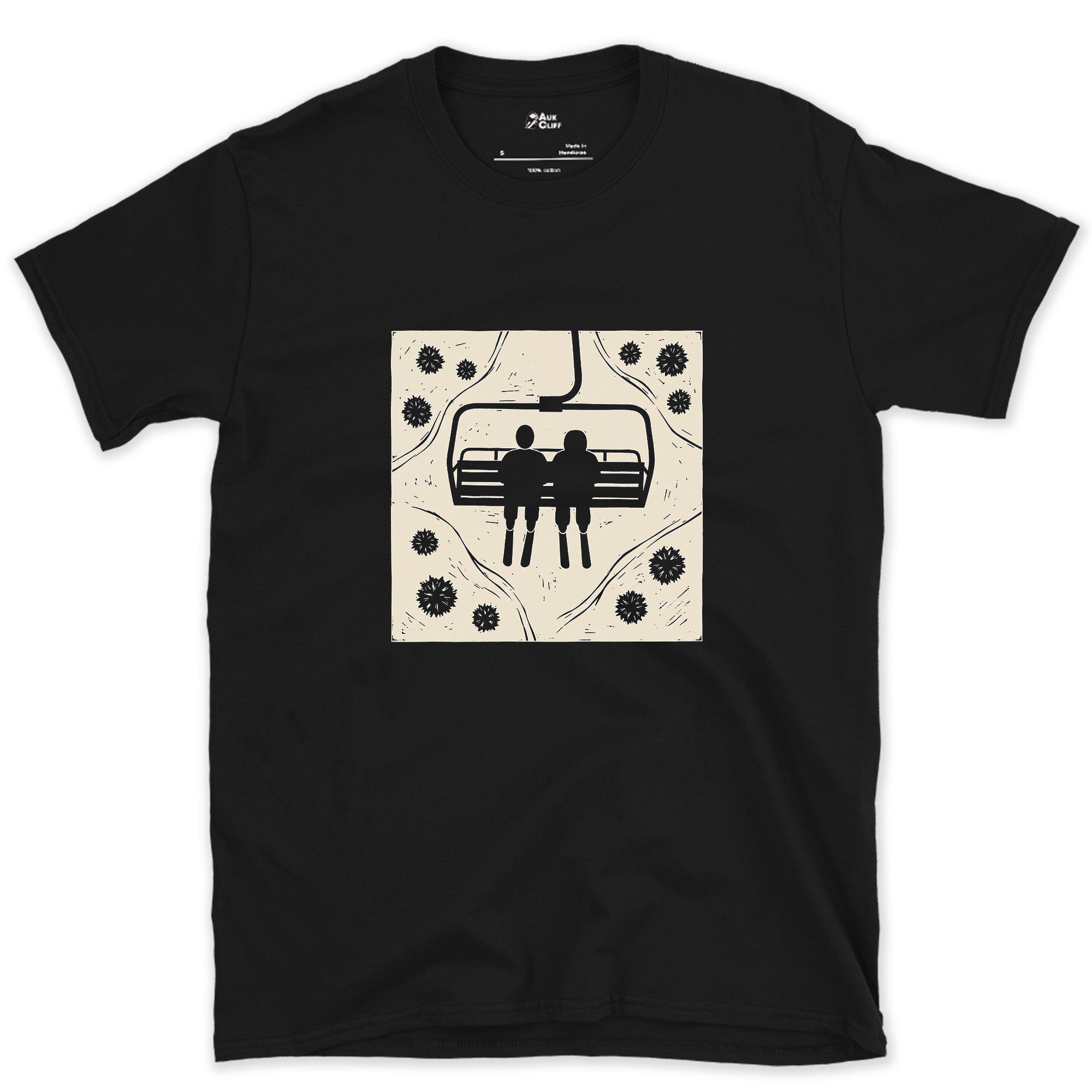 Shoulder to Shoulder on the Chairlift design on a Black Gildan Softstyle t-shirt