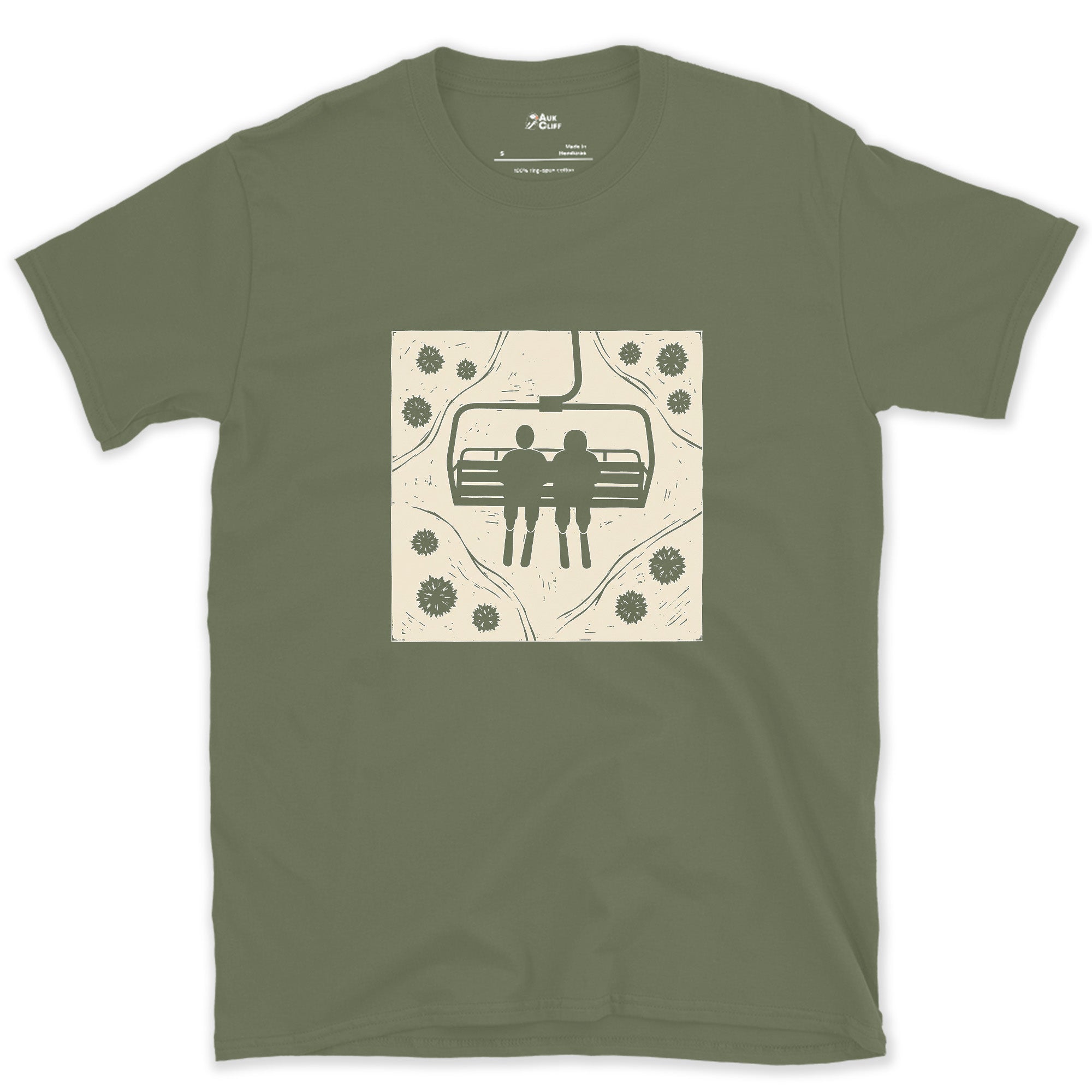 Shoulder to Shoulder on the Chairlift design on a Military Green Gildan Softstyle t-shirt