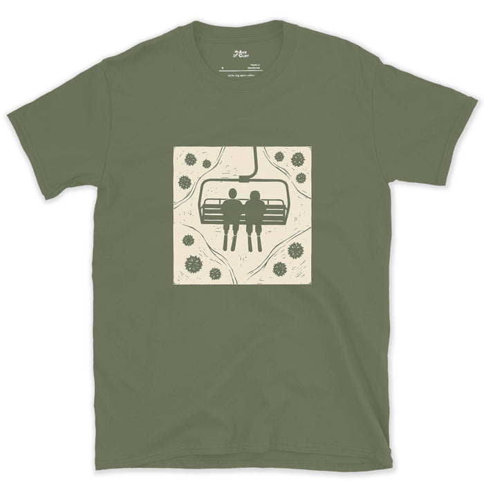 Shoulder to Shoulder on the Chairlift design on a Military Green Gildan Softstyle t-shirt