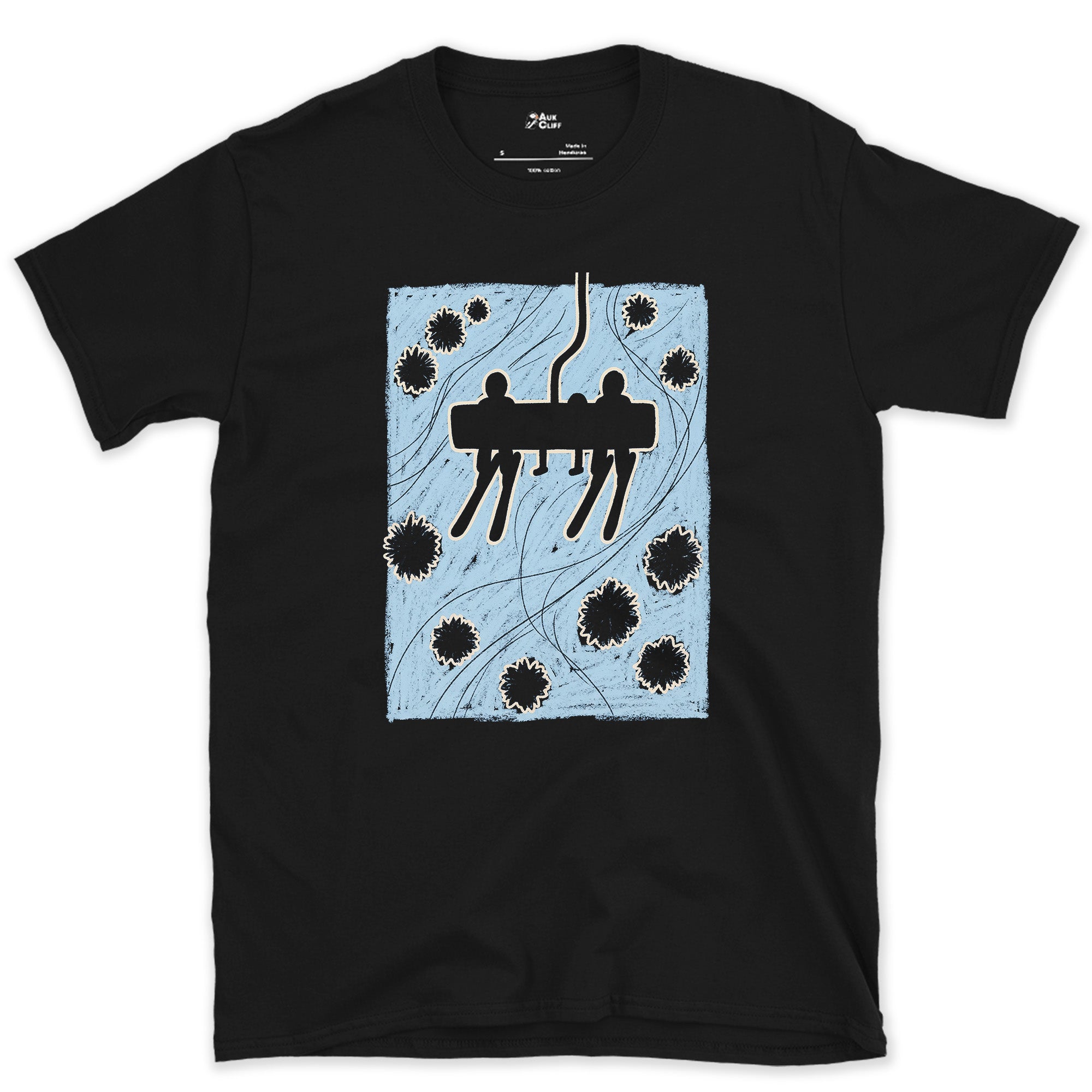 Never Stops Climbing, Chairlift design on a Black Gildan Softstyle t-shirt