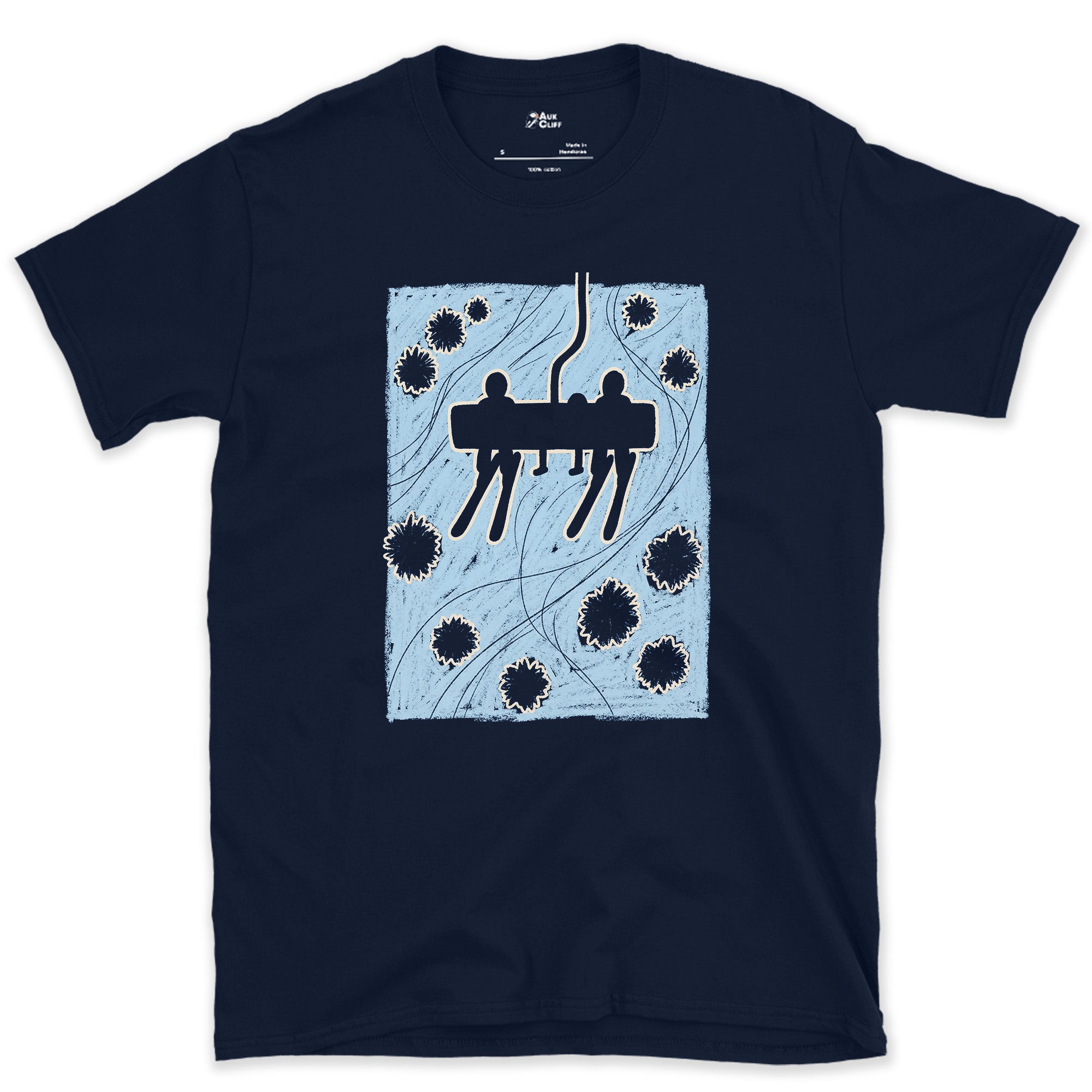 Never Stops Climbing, Chairlift design on a Navy Gildan Softstyle t-shirt