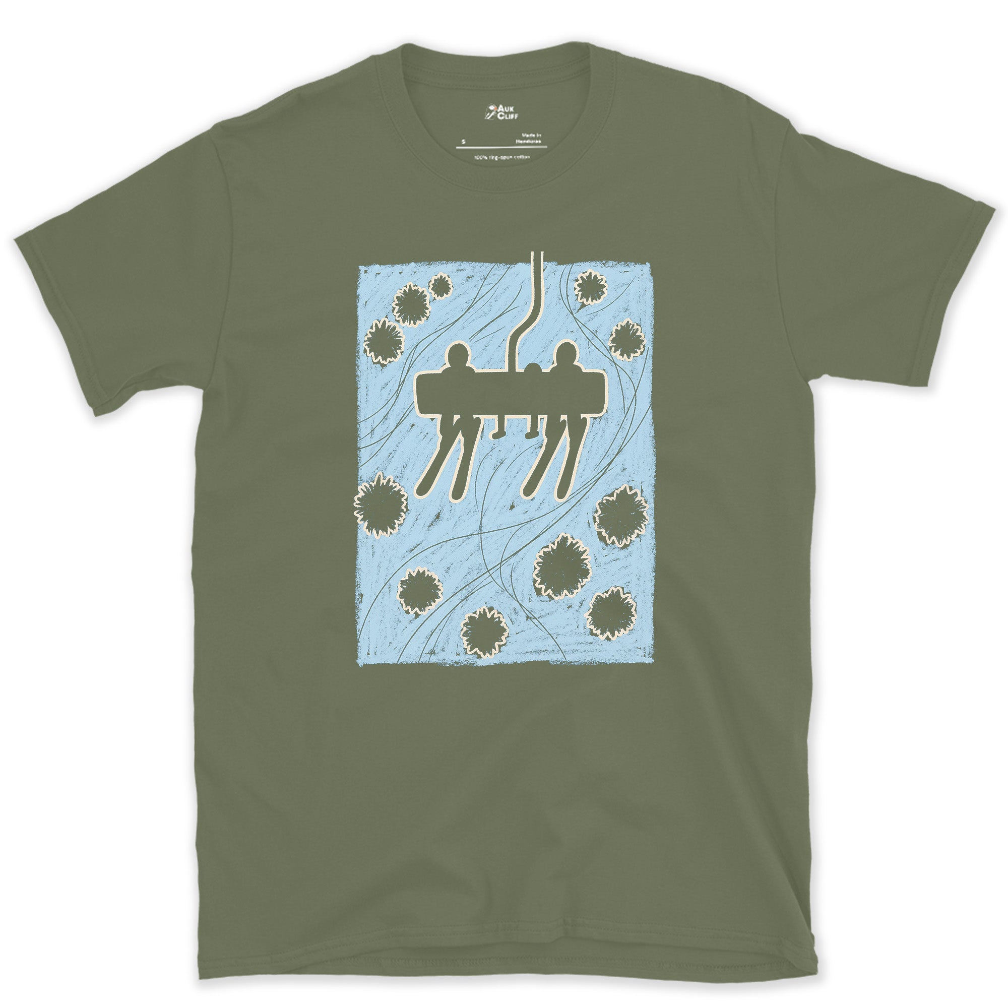 Never Stops Climbing, Chairlift design on a Military Green Gildan Softstyle t-shirt