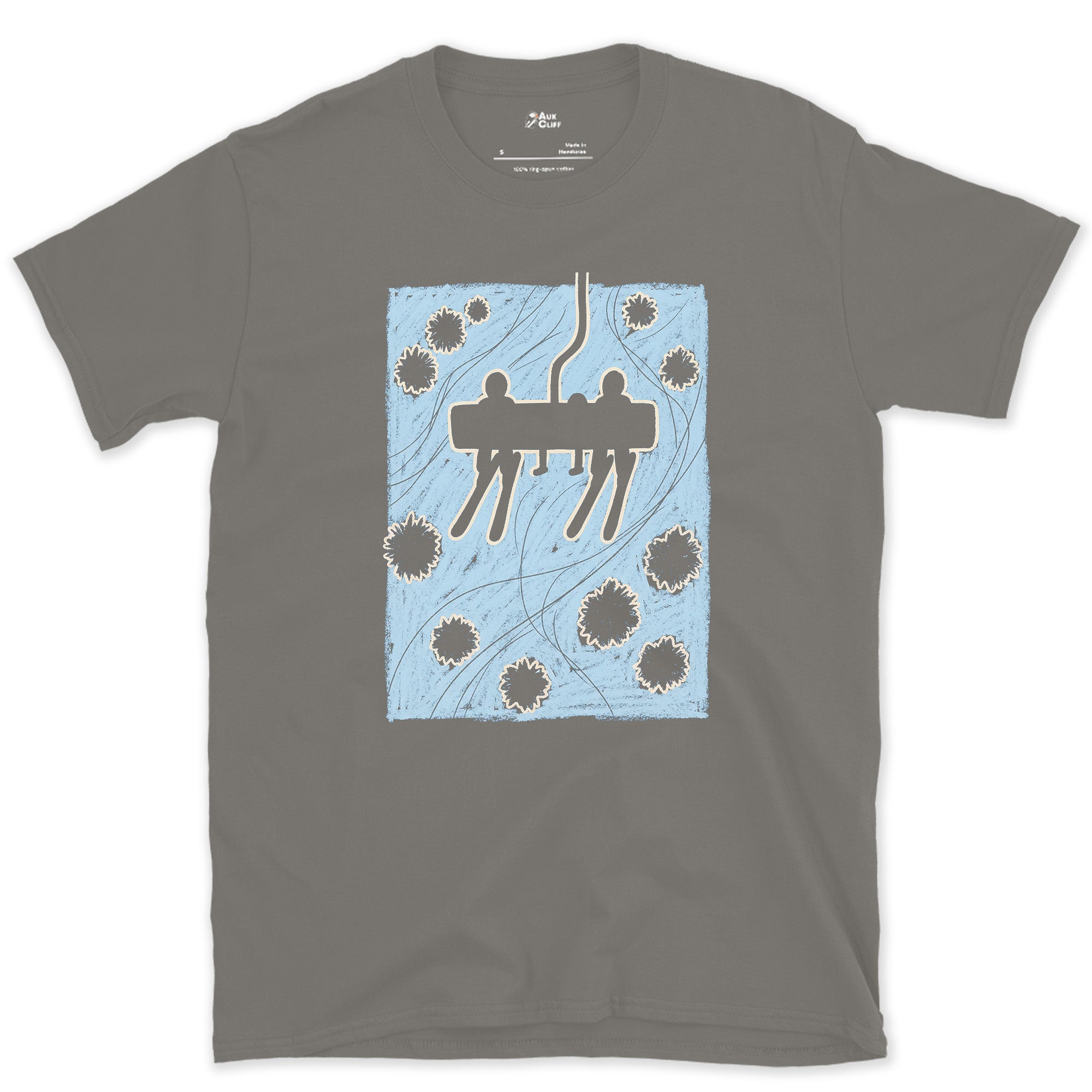 Never Stops Climbing, Chairlift design on a Charcoal Gildan Softstyle t-shirt