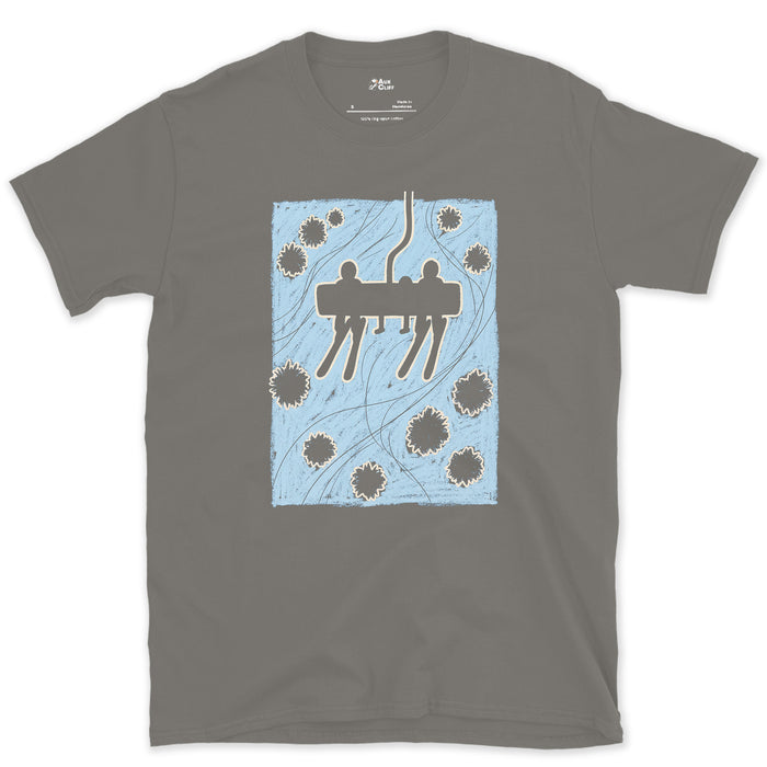 Never Stops Climbing, Chairlift design on a Charcoal Gildan Softstyle t-shirt