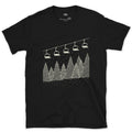 Mid-Storm, Chairlift Crossing the Pines design on a Black Gildan Softstyle t-shirt