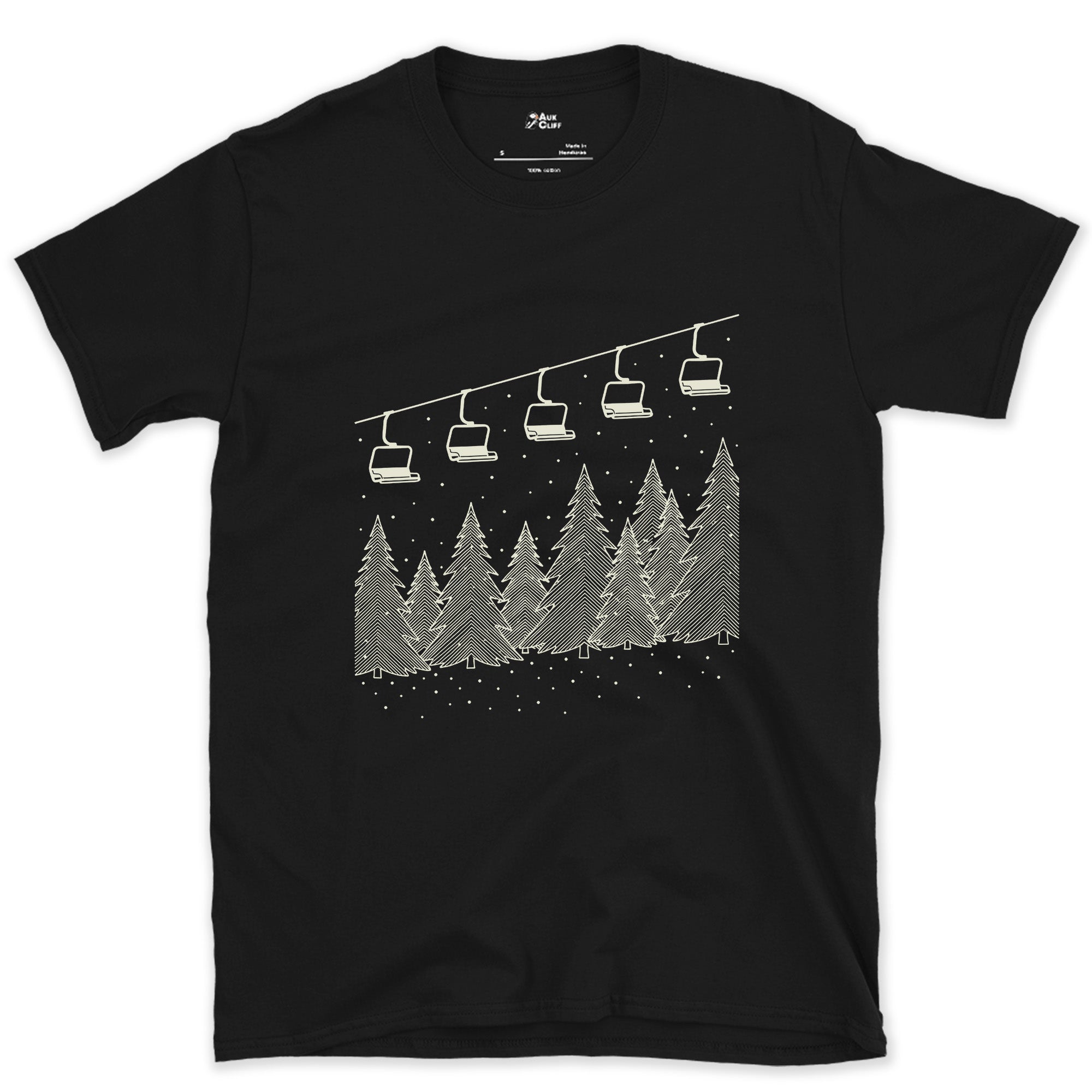 Mid-Storm, Chairlift Crossing the Pines design on a Black Gildan Softstyle t-shirt