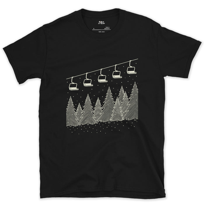 Mid-Storm, Chairlift Crossing the Pines design on a Black Gildan Softstyle t-shirt