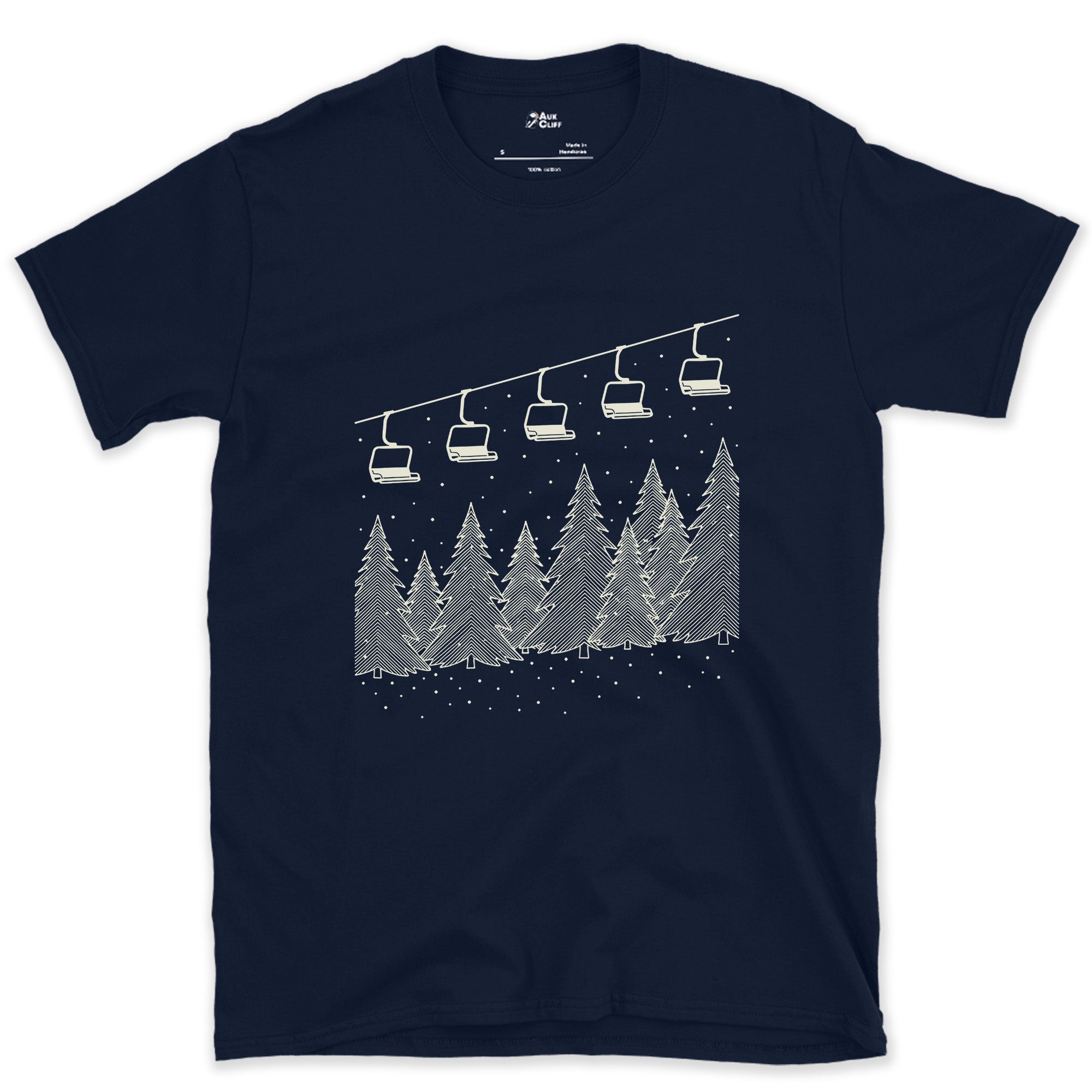Mid-Storm, Chairlift Crossing the Pines design on a Navy Gildan Softstyle t-shirt