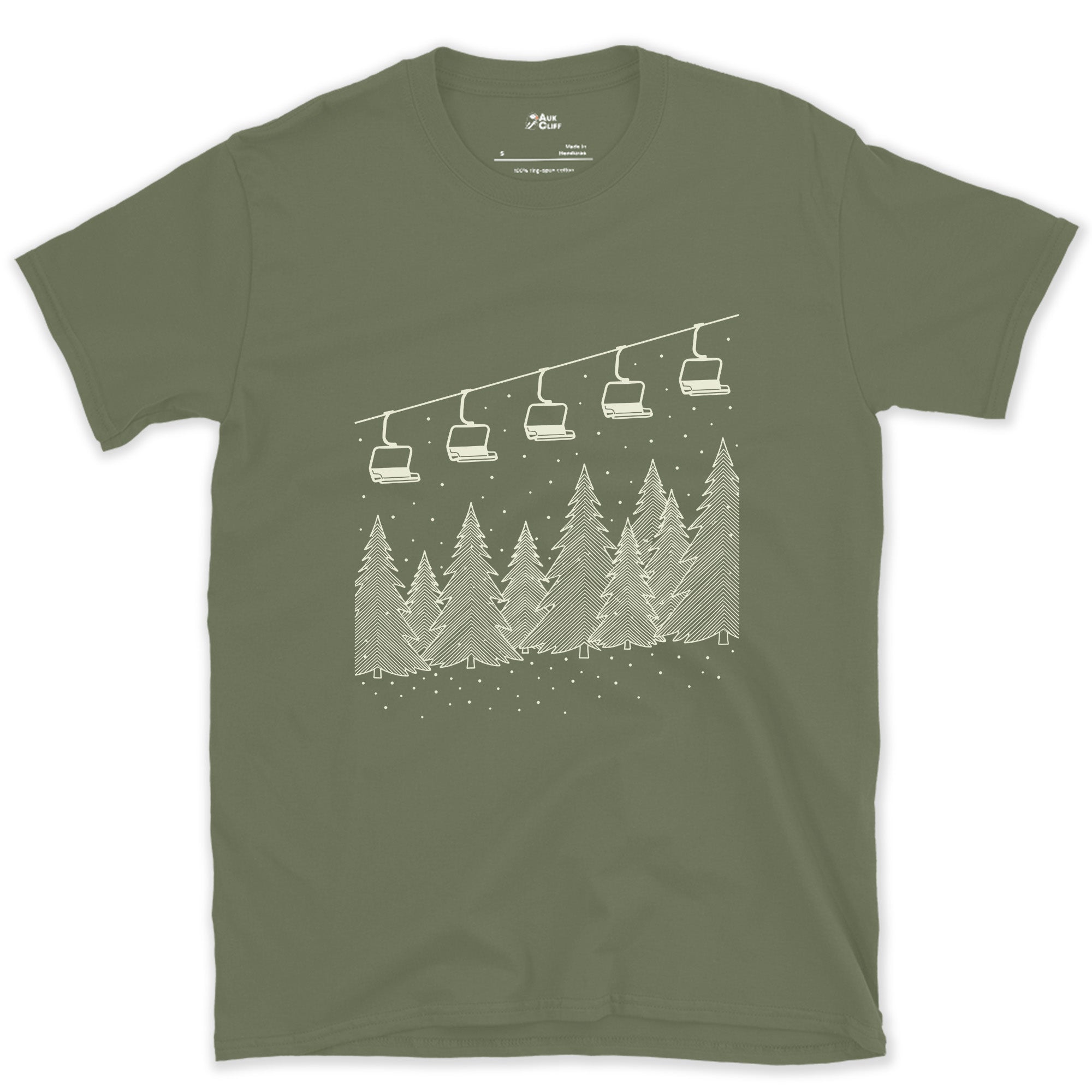 Mid-Storm, Chairlift Crossing the Pines design on a Military Green Gildan Softstyle t-shirt