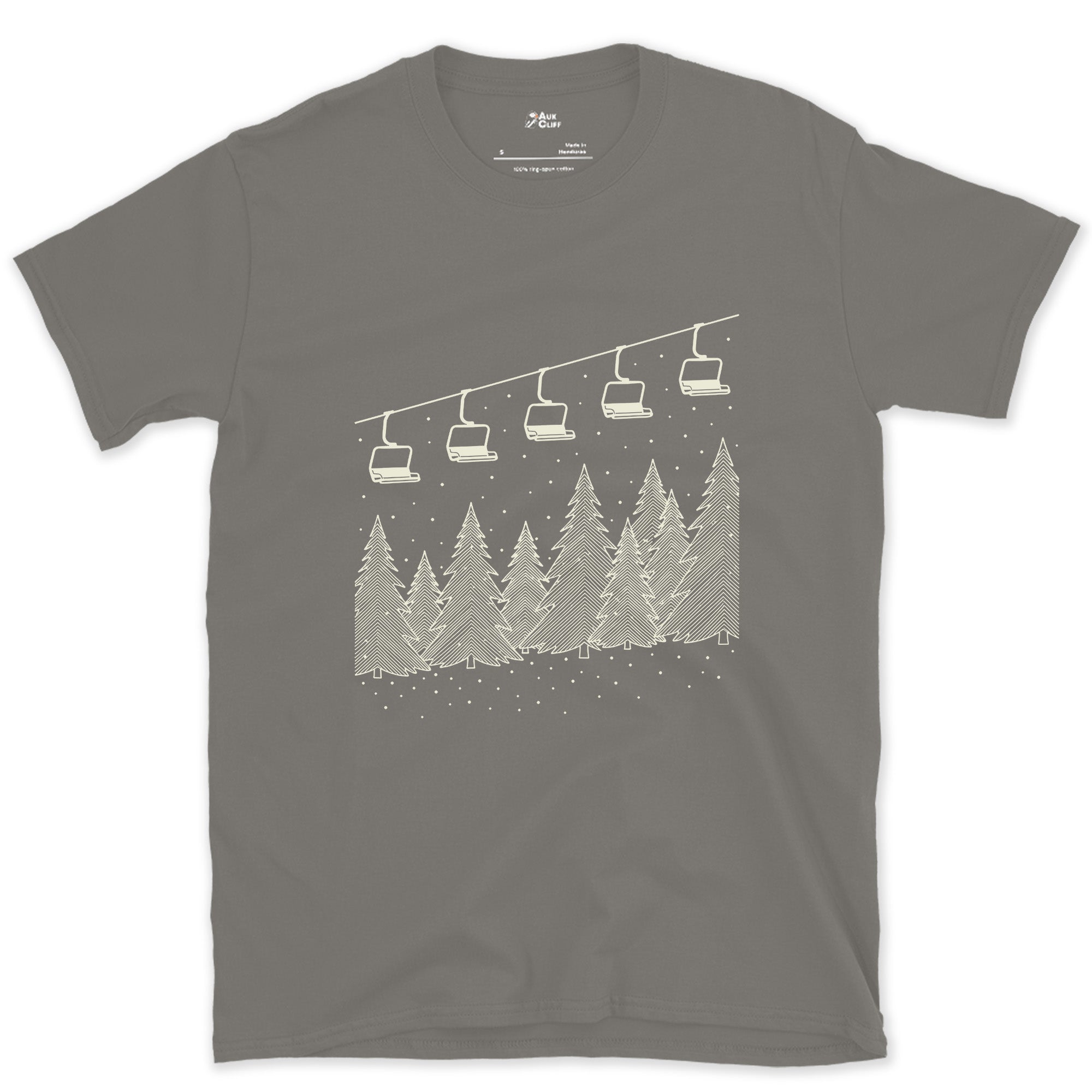 Mid-Storm, Chairlift Crossing the Pines design on a Charcoal Gildan Softstyle t-shirt