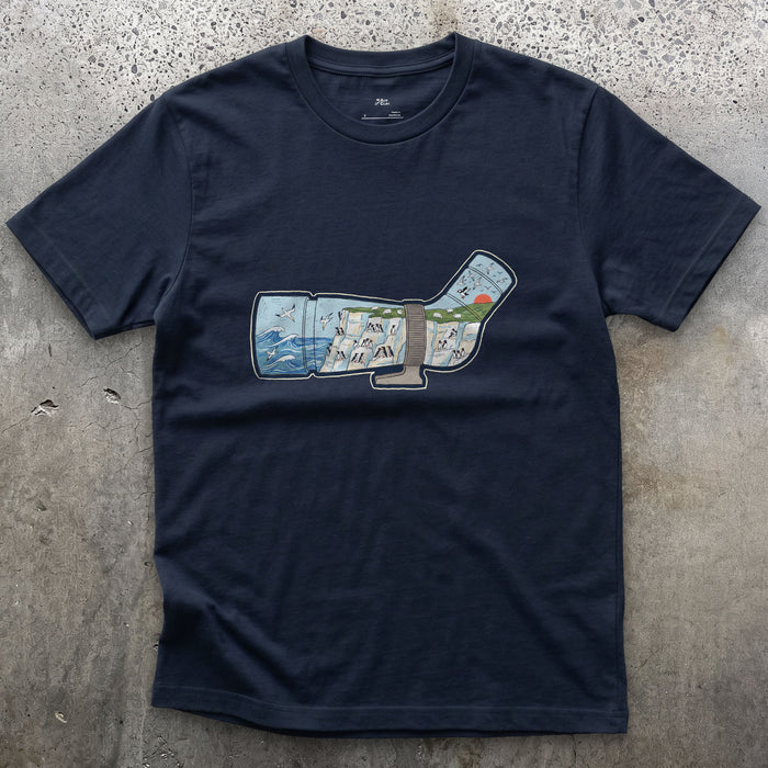 Chalk Cliffs Down the Scope design on a Navy Gildan Softstyle t-shirt