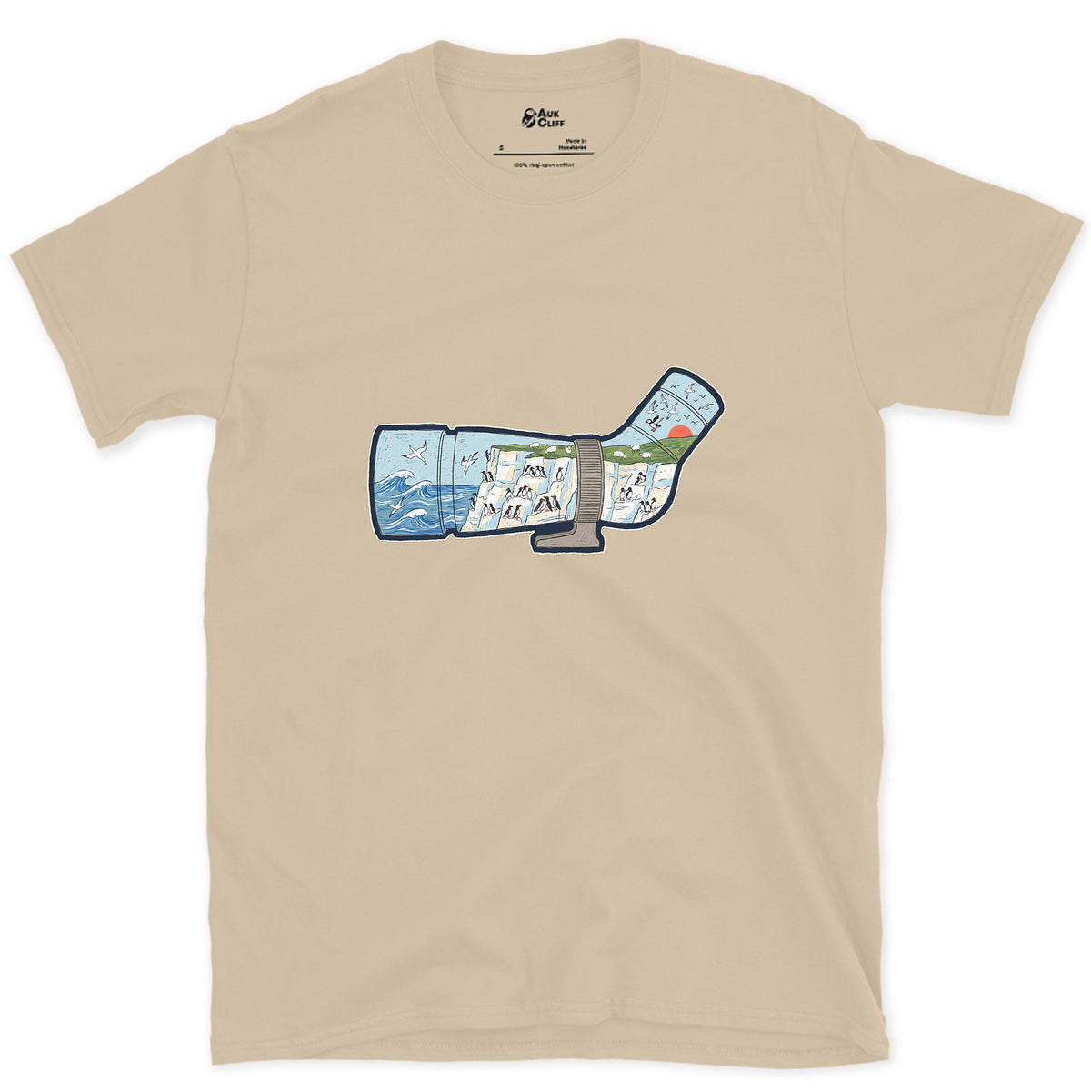 Chalk Cliffs Down the Scope design on a Sand Gildan Softstyle t-shirt