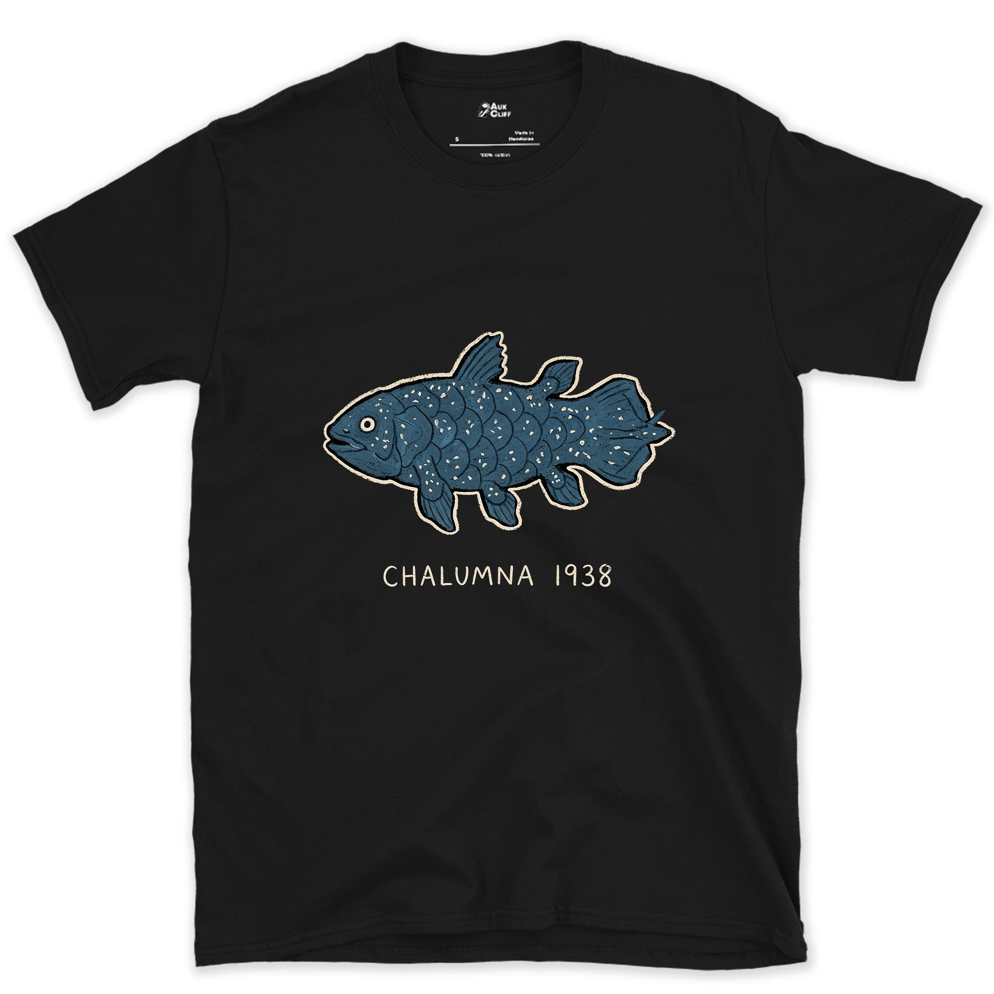 Chalumna 1938, the Coelacanth Turns Up design on a Black Gildan Softstyle t-shirt
