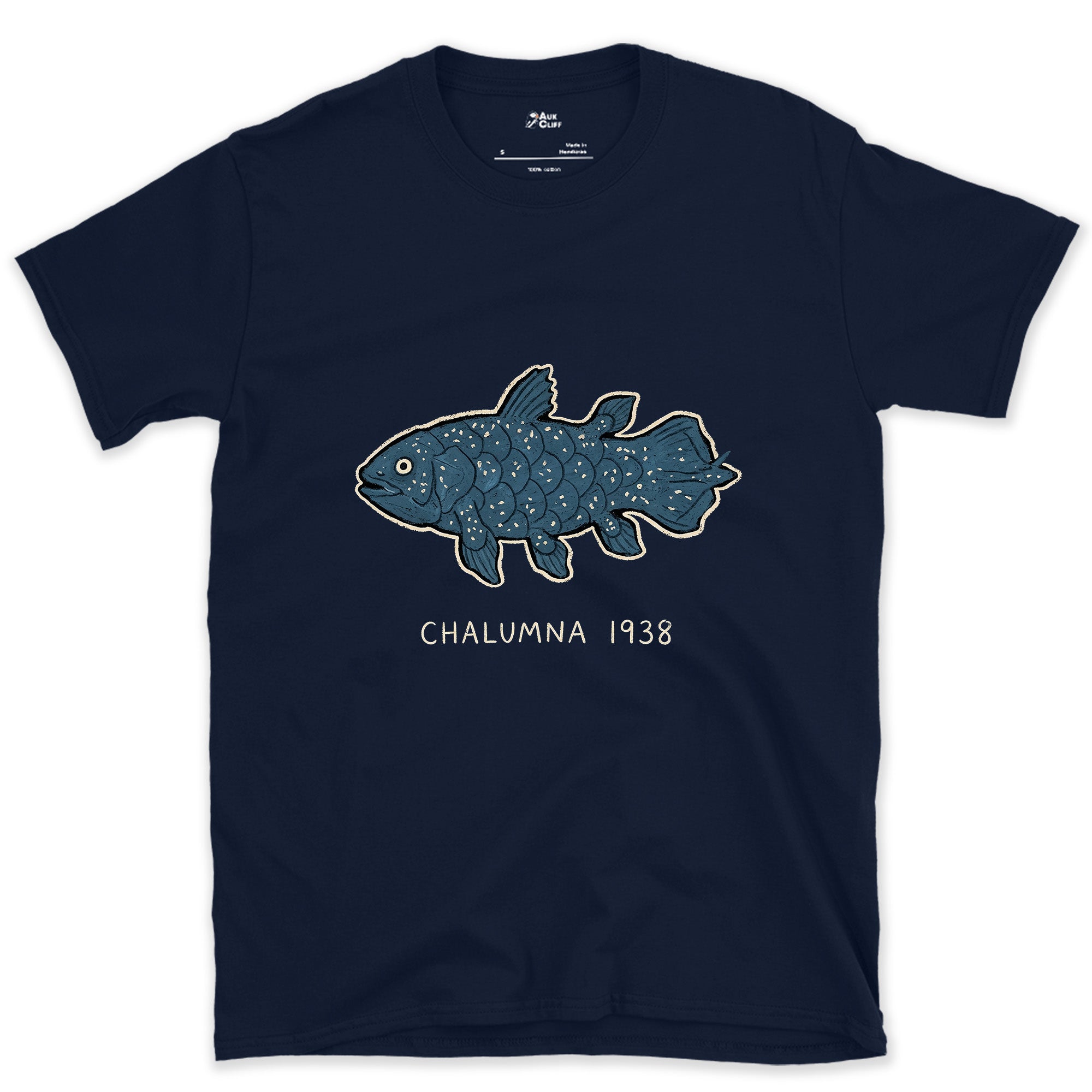 Chalumna 1938, the Coelacanth Turns Up design on a Navy Gildan Softstyle t-shirt