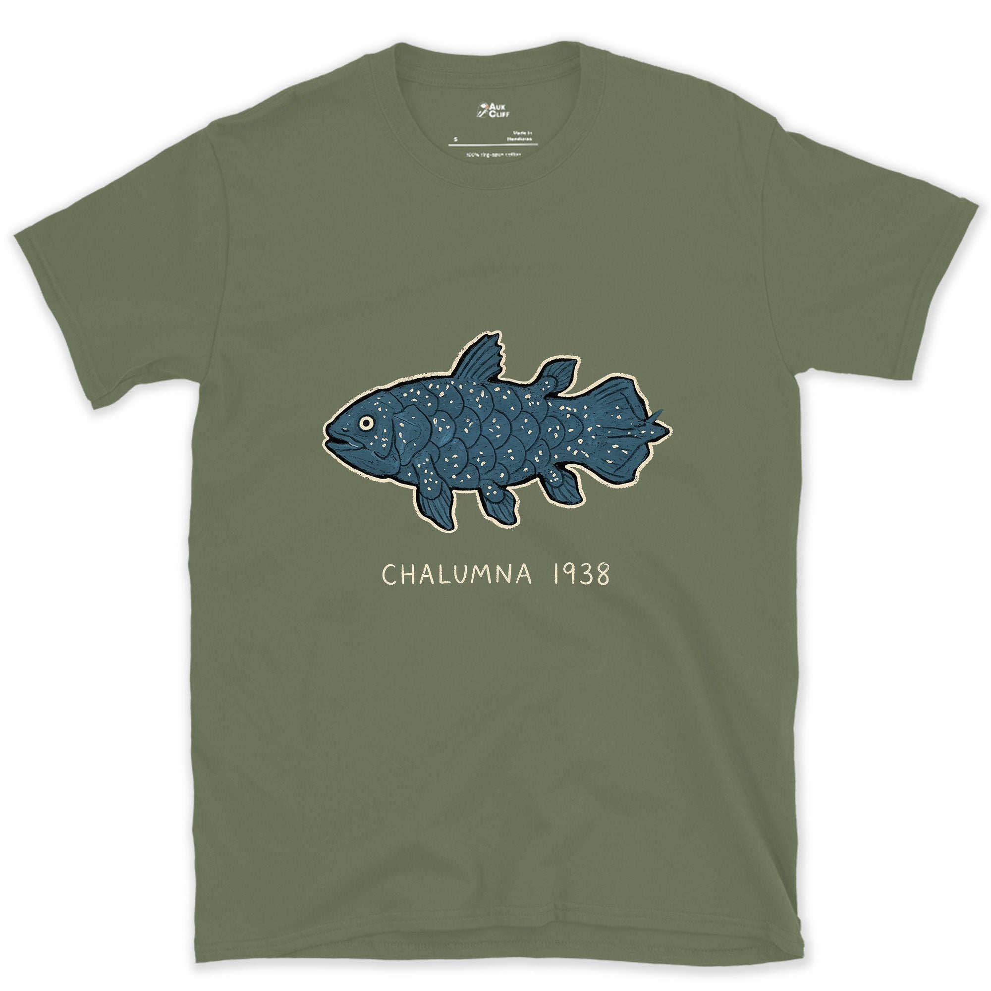 Chalumna 1938, the Coelacanth Turns Up design on a Military Green Gildan Softstyle t-shirt