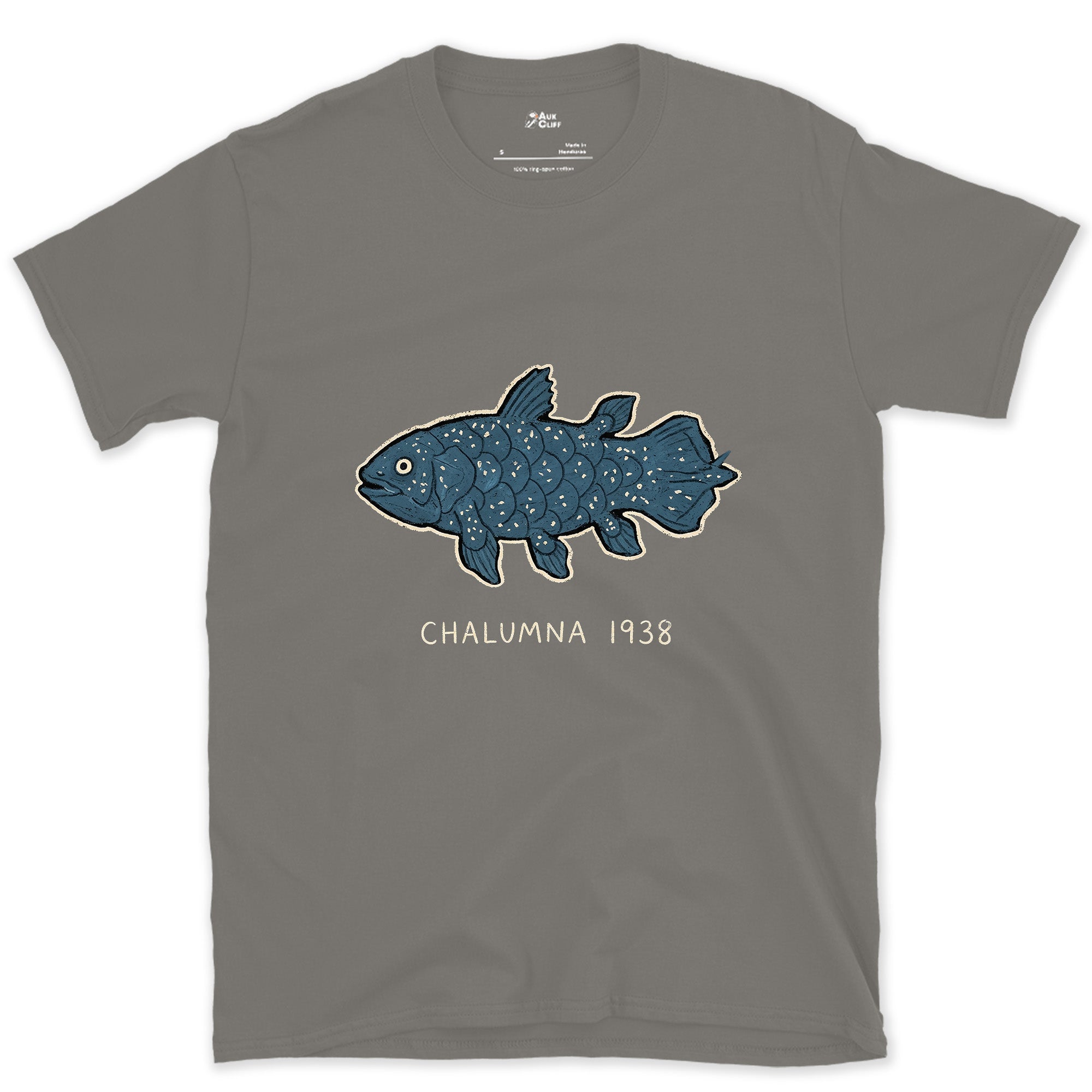 Chalumna 1938, the Coelacanth Turns Up design on a Charcoal Gildan Softstyle t-shirt
